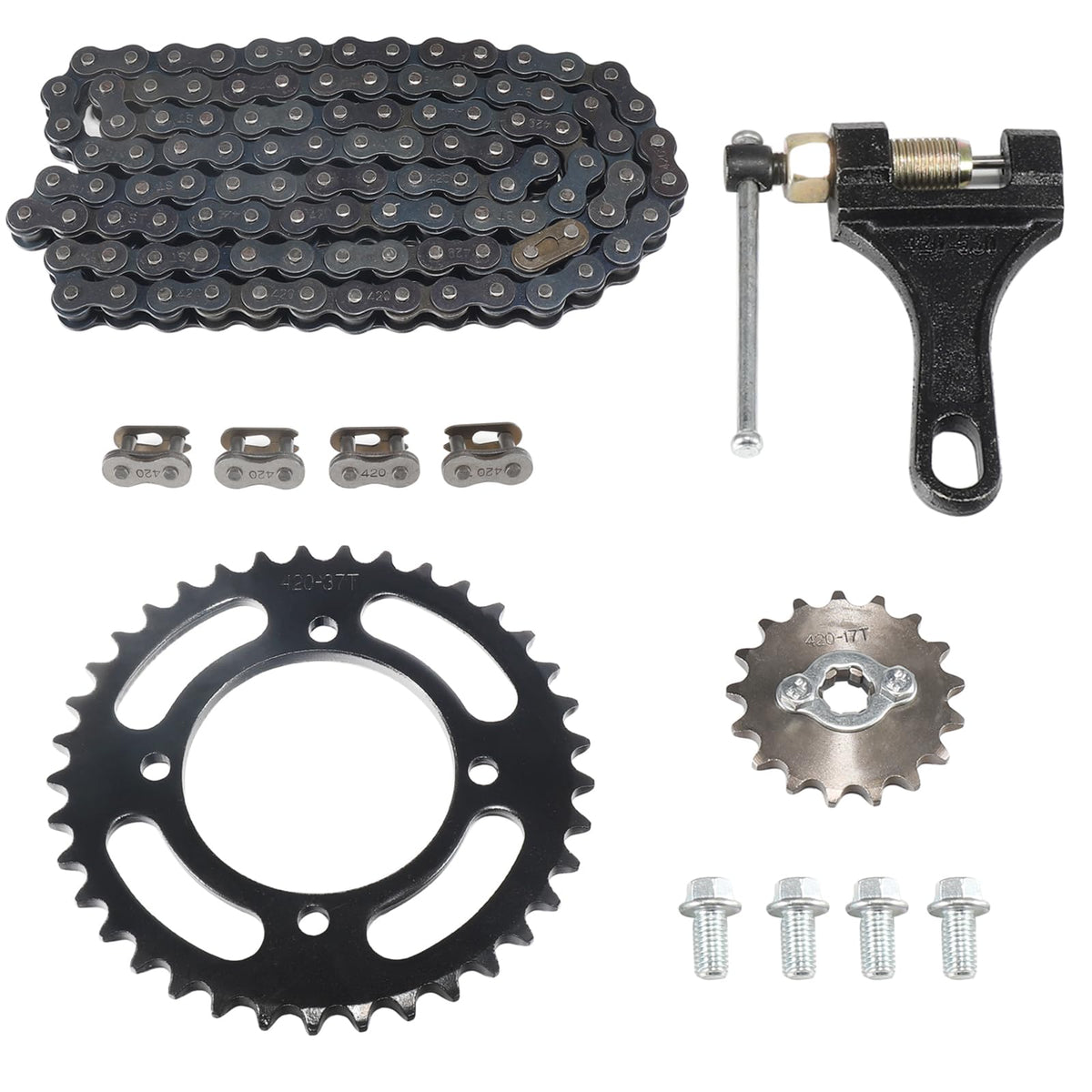 Relibupdater 420 Chain Set,Rear Drive Sprocket 37 Tooth 76Mm Front 17 Toothe 17Mm For Chinese 50 70 90 110 125 Mini Bike Atv Go Kart Taotao Coolster Pit Dirt Bike Motorcycle Parts