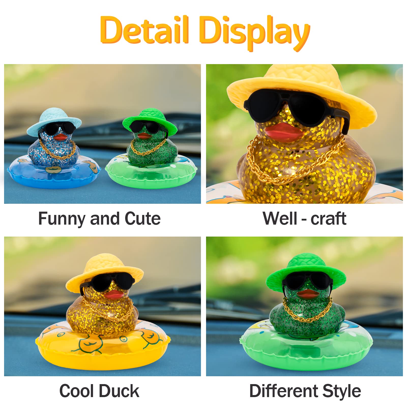 Wonuu Shining Rubber Ducks With Plastic Sunglasses Swim Ring Necklace Hat, Glittering Cute Car Accessories Decor Dashboard Decor