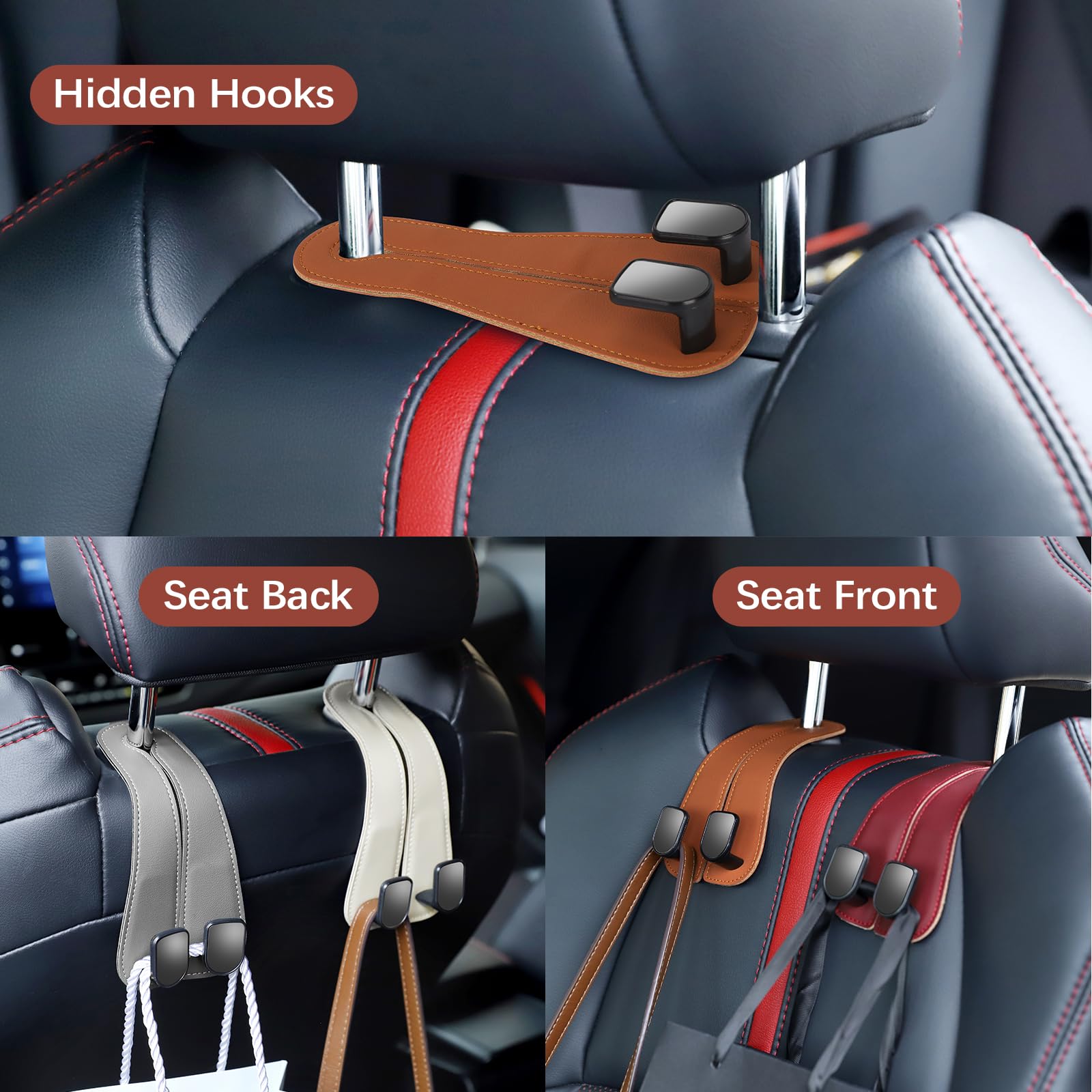 2025 Automotive Seat Back Hooks,Leather Car Seat Hooks,Dual Headrest Organizer Hangers for Purses, Bags & Phones, 2 in 1 Car Hea