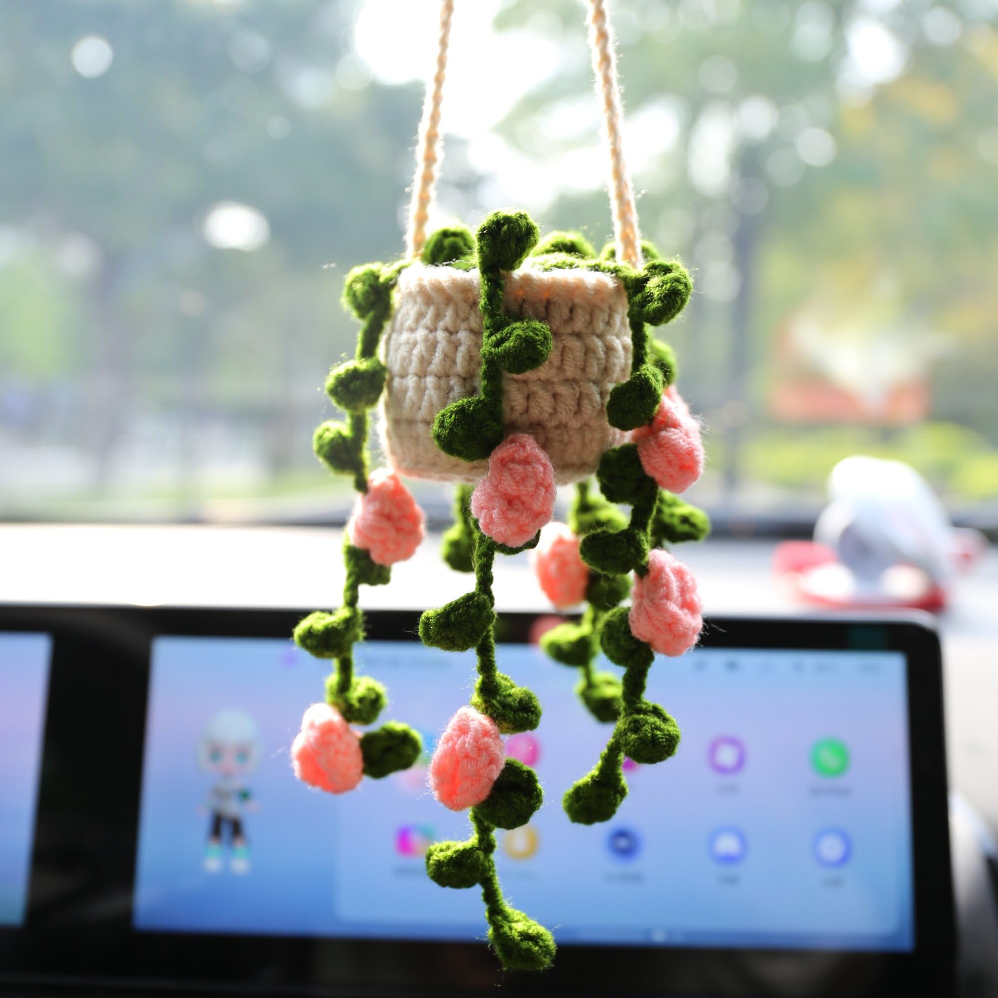 Boho Car Plant Crochet Hanging Accessories Crochet Plants For Car Rear View Mirror Cute Car Pink Plants For Women1