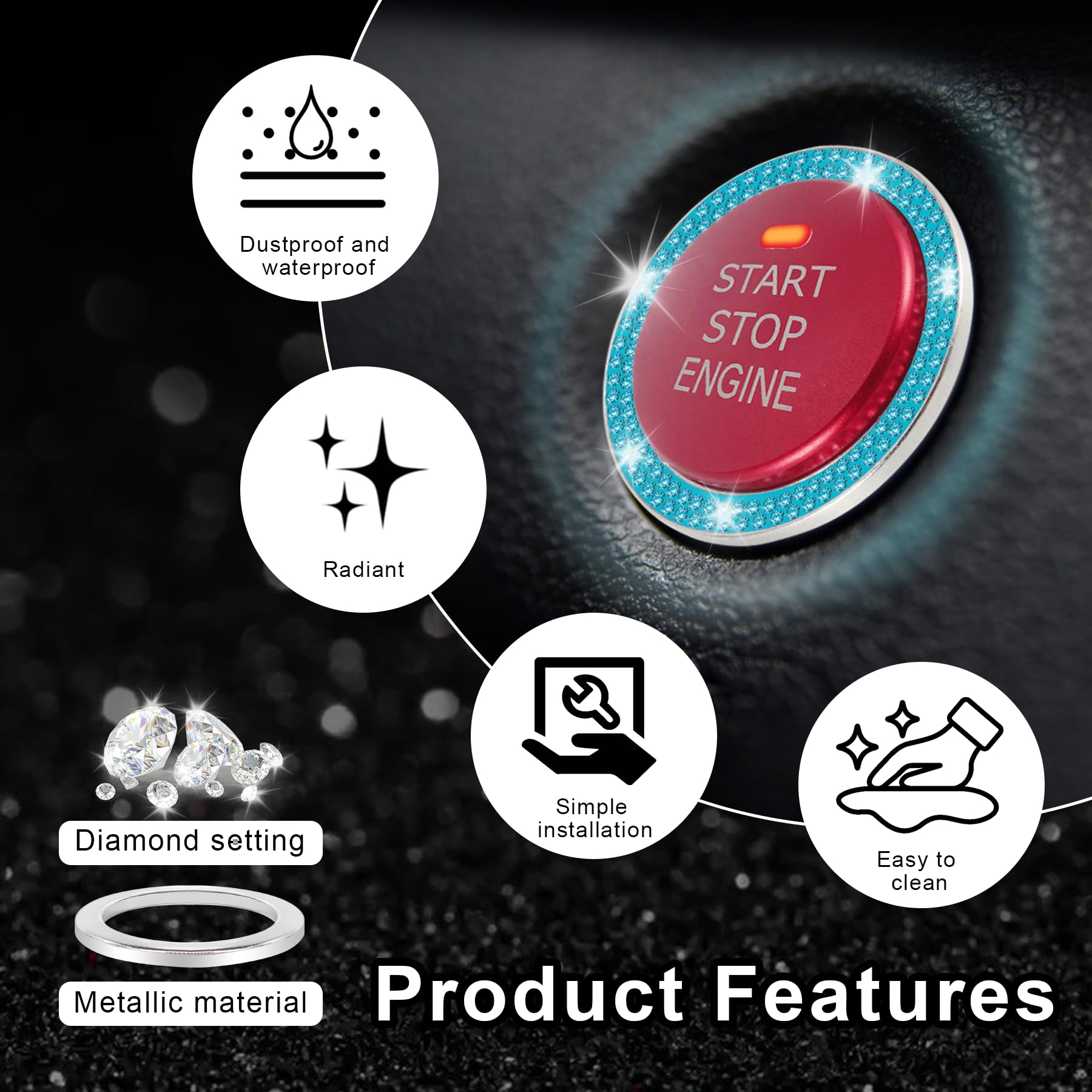 Livtee 2 Pcs Crystal Double Rhinestone Car Engine Start Stop Decoration Ring, Bling Car Interior Accessories For Women, Push To Start Button Cover/Sticker, Key Ignition & Knob Bling Ring, Cyan