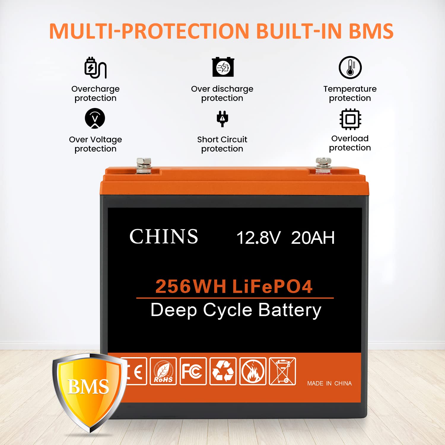 Chins Lifepo4 Battery 12V 20Ah Lithium Battery - Built-In 20A Bms, 2000~5000 Cycles, Perfect For Replacing Most Of Backup Power,