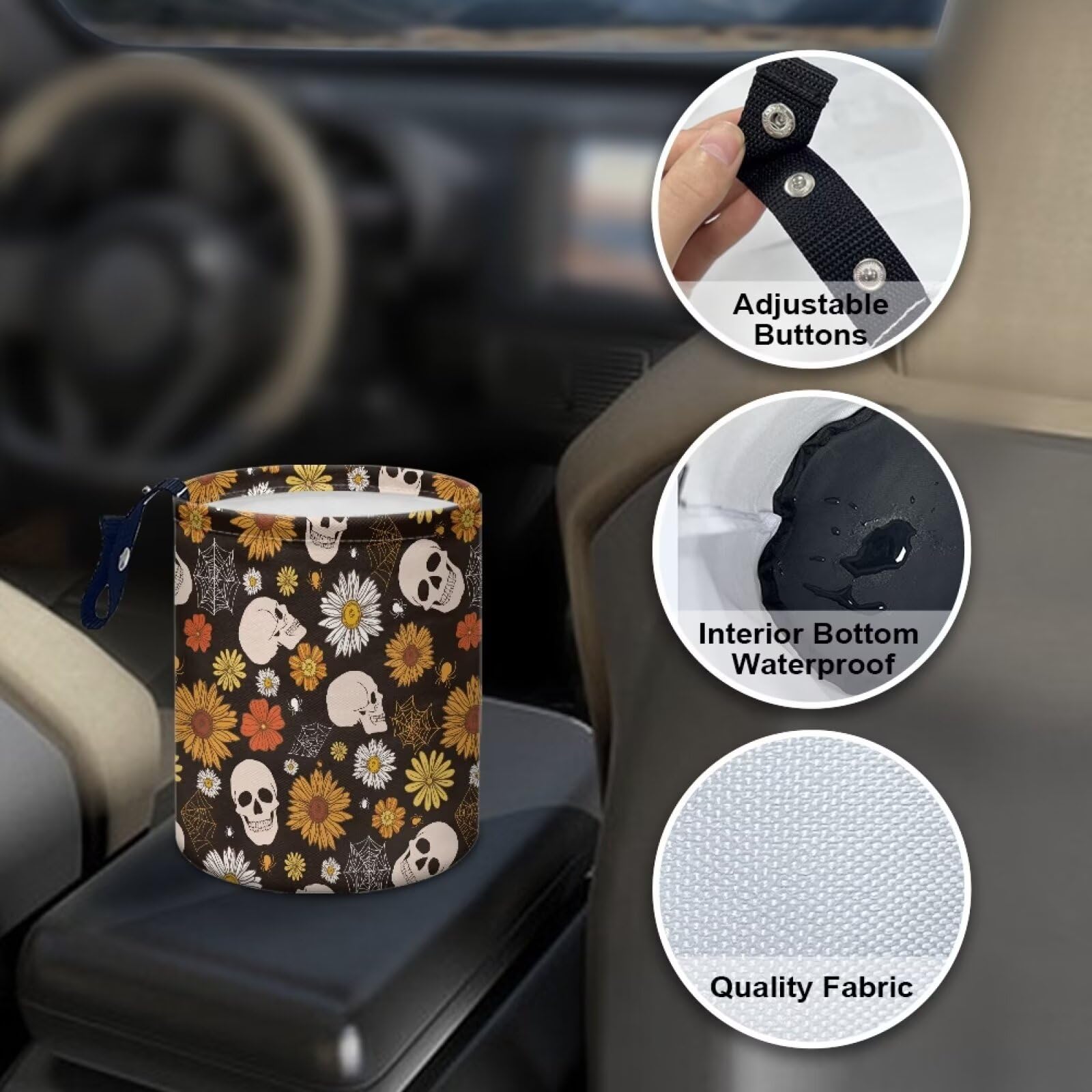 Brosoneto Halloween Gothic Skull Car Trash Bag Portable Garbage Bin Hippie Daisy Retro for Car Front Seat, Back Seat, Floor, Eas