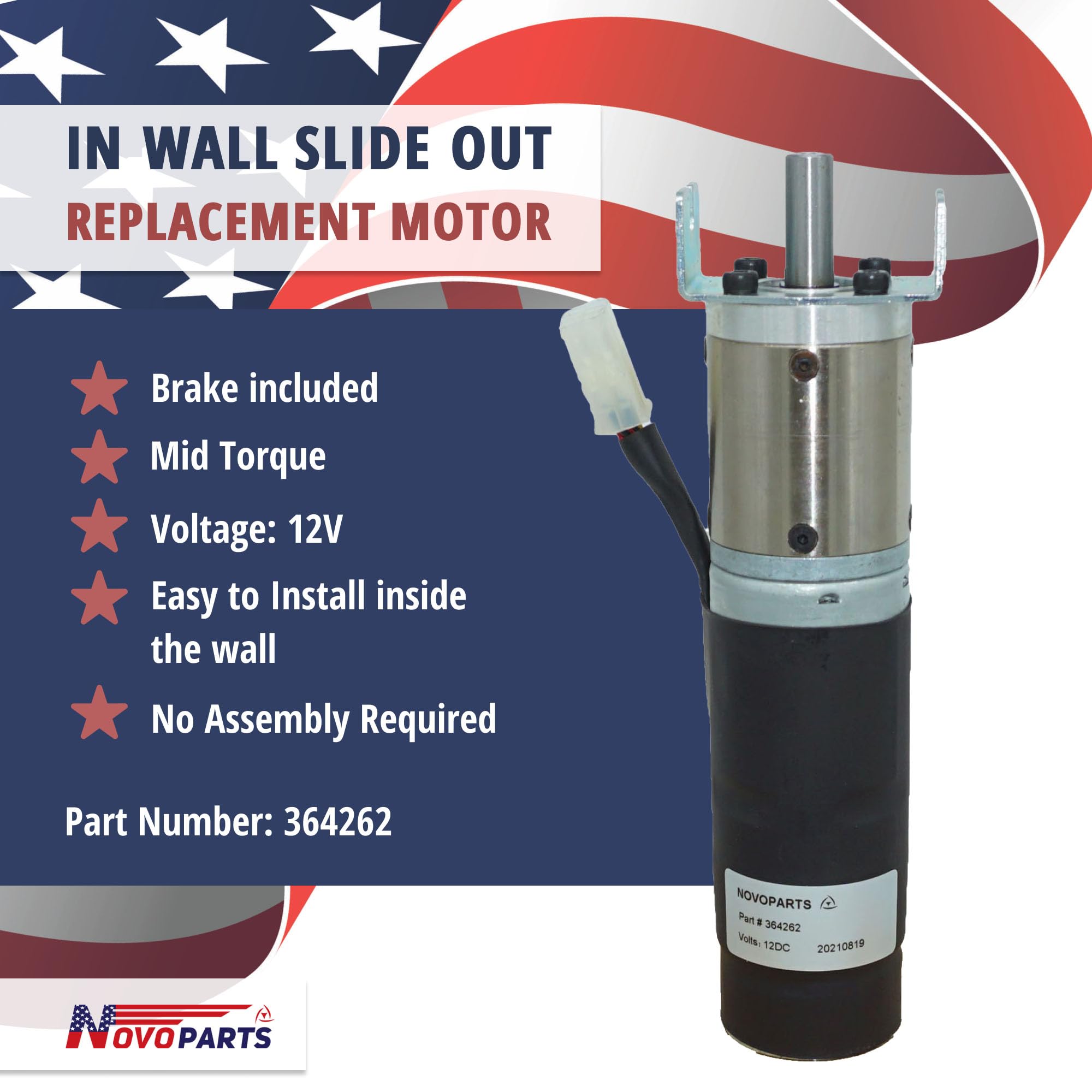 Novoparts 364262 In Wall Rv Slide Out Motor With Brake 42Mm Mid Torque Motor