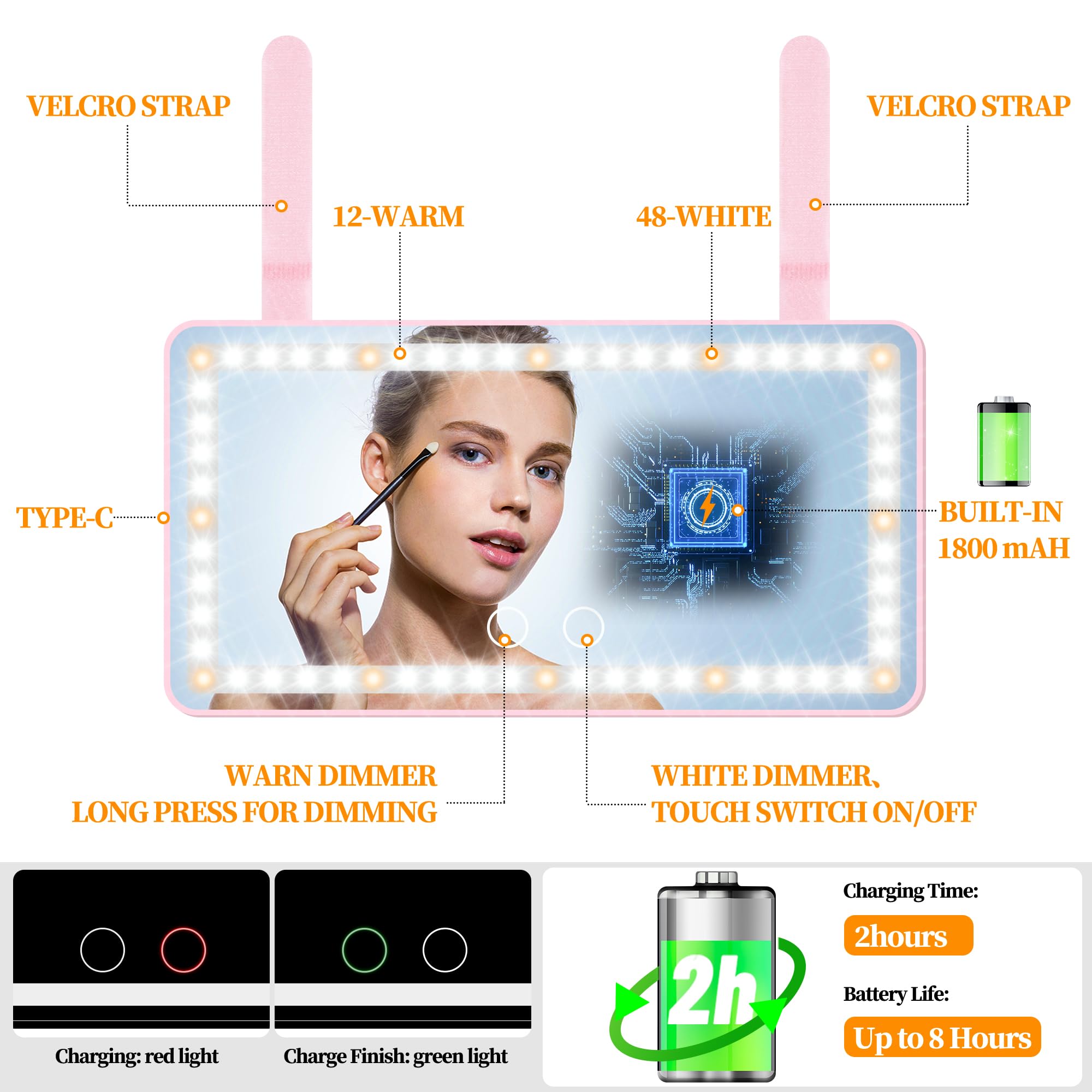 Car Sun Visor Vanity Mirror With Lights, Pink Rechargeable Car Makeup Mirror Accessories, Birthday Gifts For Women Girl, 3 Light