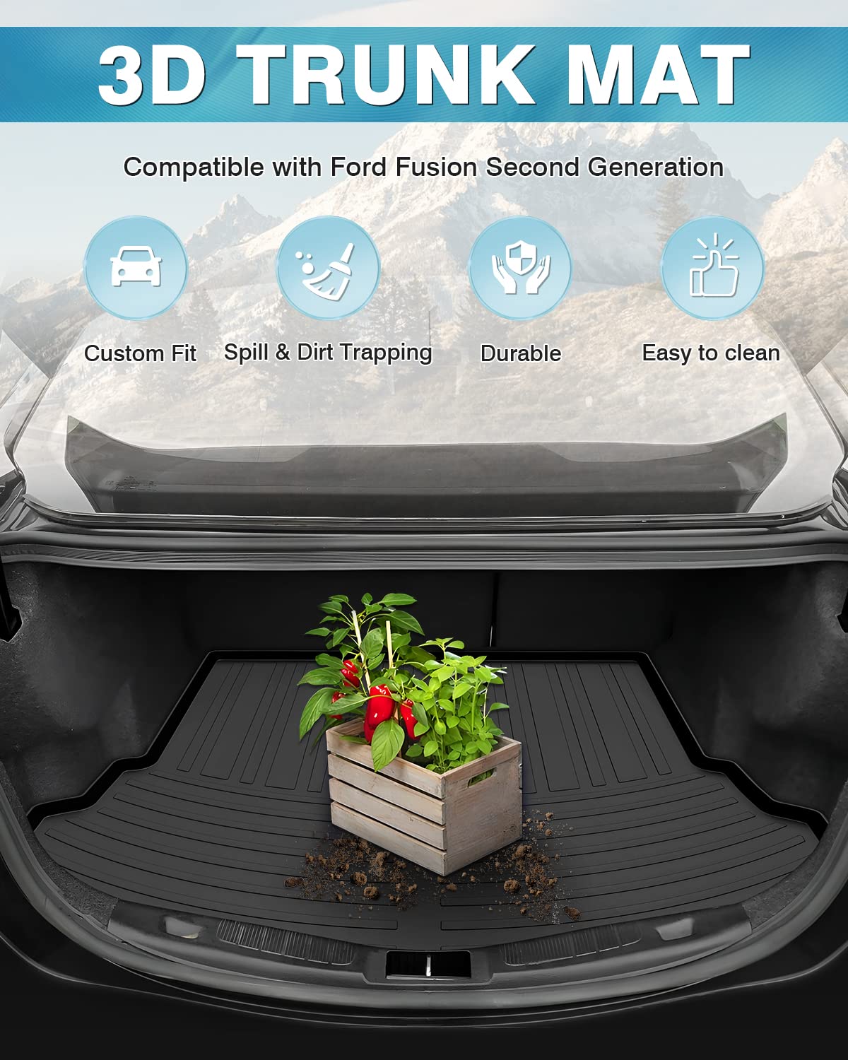 Mixsuper All Weather Cargo Liner Custom Fit Trunk Mat Compatible with 2013-2020 Ford Fusion S, SE, Titanium, 2017-2018 Ford Fusi