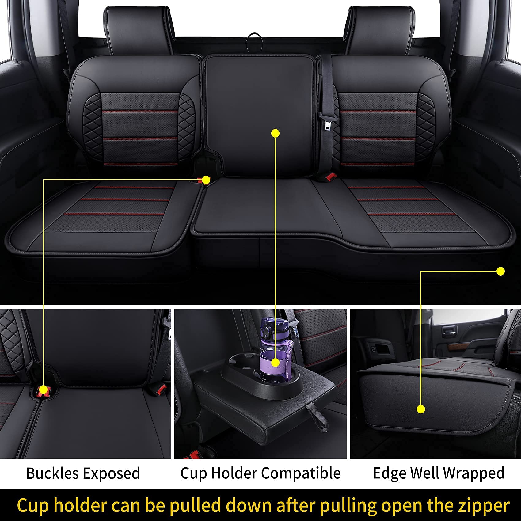 Luckyman Club D04-S2 Silverado Seat Covers, Fit For 2014-2018 Chevy Silverado Gmc Sierra 1500 And 2015-2019 2500Hd 3500Hd Crew Cab With Water Proof Faux Leather(Full Set, Black&Red)