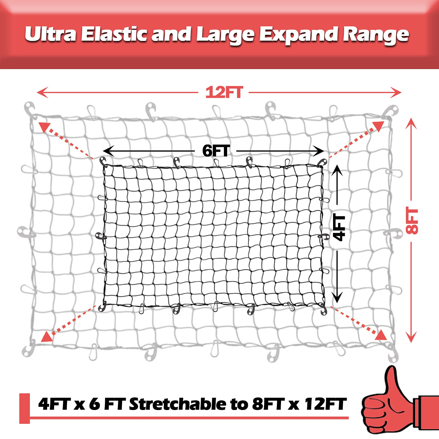 ZUOZE Natural Latex Core Super Duty Cargo Net for Pickup Truck Bed 4'x6' Stretches to 8'x12' | 12 Carabiners + 12 Hooks | Small