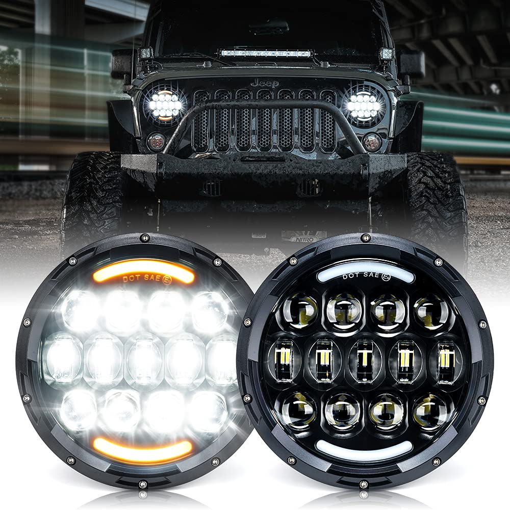 Xprite 105W Led Headlights With Hi/Lo Beam, Drl And Amber Turn Signal, 7 Inch Round Headlights Compatible With Jeep Wrangler Jk