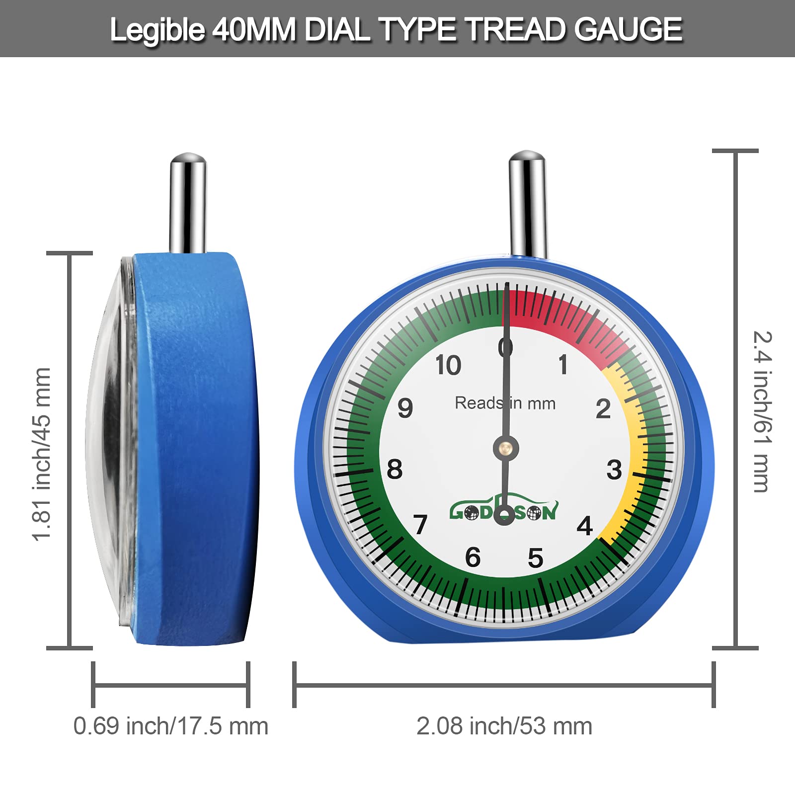 Godeson 88703 Dial Tire Tread Depth Gauge In Mm,Professional For Motorcycle, Car,Truck And Bus