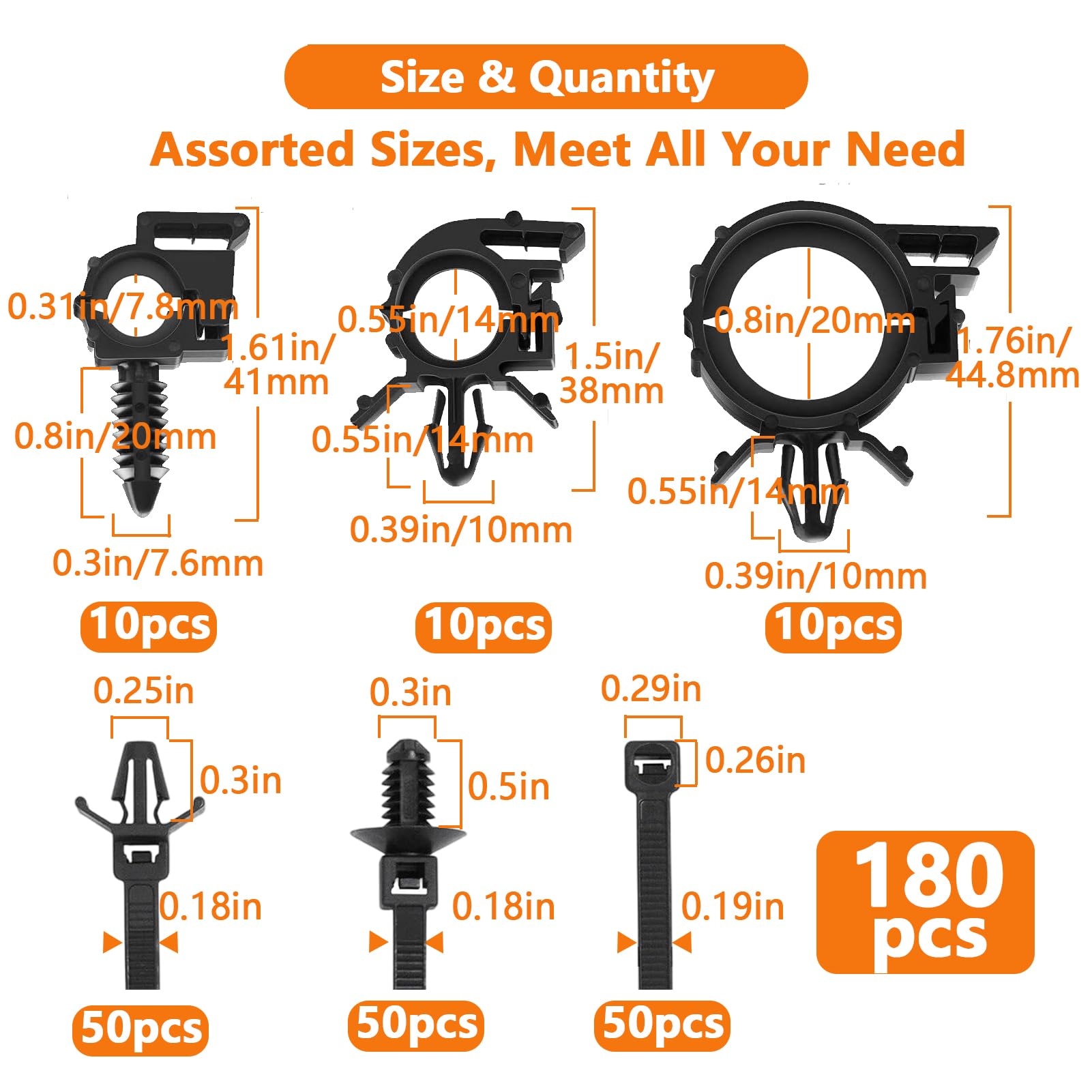 180Pcs Wire Loom Clips For Car Push Mount Zip Ties Assorted Sizes Automotive Fuel Line Cable Ties 6/8 Inch Wire Holder For Car Z