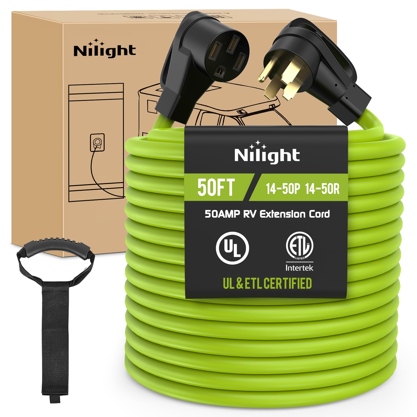 Nilight 50Ft 50 Amp Rv Extension Cord 250V Heavy Duty 6/3+8/1 Gauge Pure Copper Stw Wire Ul Etl Listed 4 Prong 14-50P 14-50R Wea