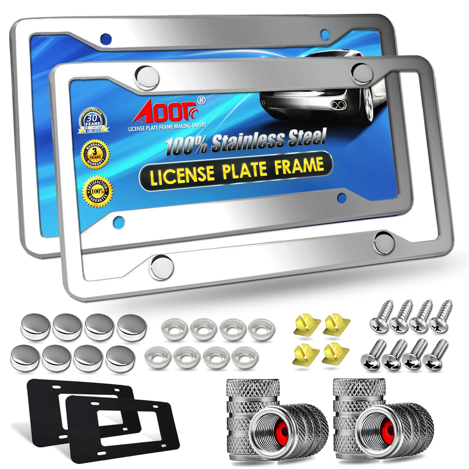Aootf Stainless Steel License Plate Frames- Heavy Duty Polish Mirror Silver Car Tag Cover With Chrome Screw Caps, 4 Hole 2 Pack