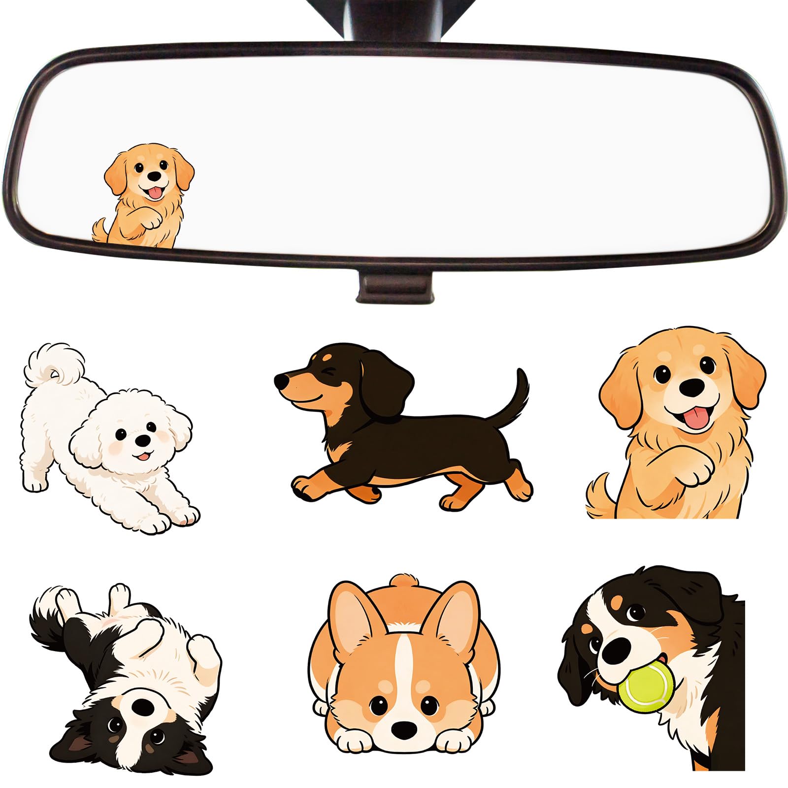 Dazoratix Dog Rearview Mirror Decals - 6 Pcs Cute Corgi Dashboard Car Rear View Stickers Funny Puppy Waterproof Window Bumper Vi