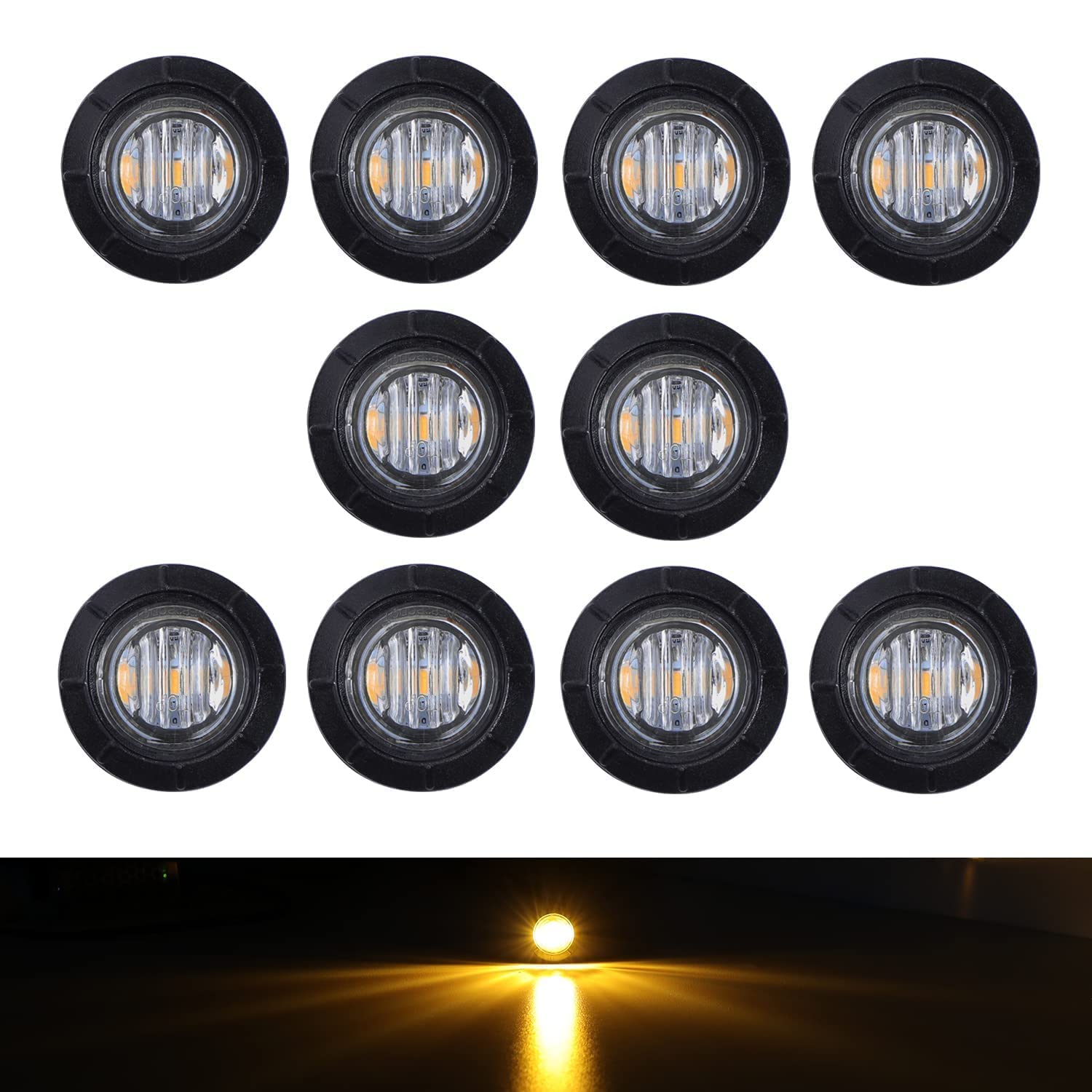 Tmh 3/4 Inch Clear Lens Amber 3 Led Clearance Side Marker Indicator Lights Round Mini Lamp With Rubber 12V Dc For Truck Lorry To