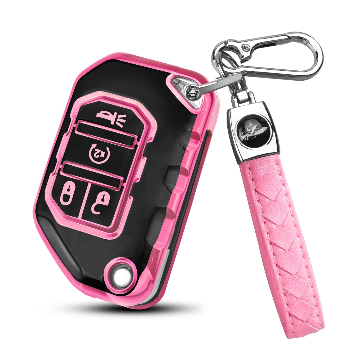 QBUC for Jeep Key Fob Cover with Keychain Compatible with Jeep Wrangler JLU JL Gladiator Rubicon JT Car Flip Key (pink)