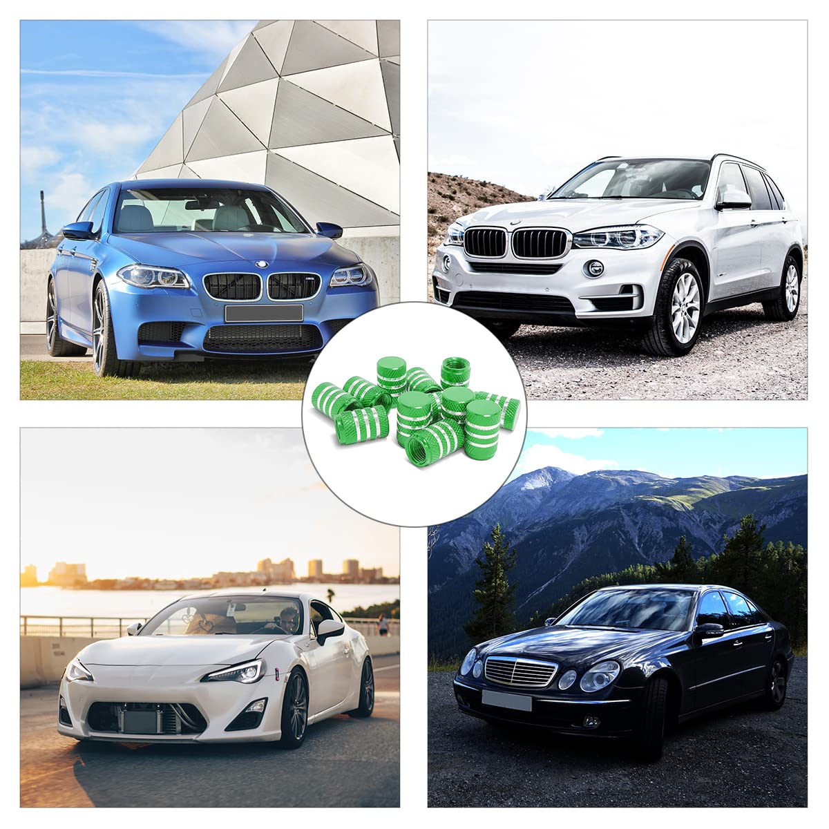 Tire Valve Stem Caps, 12 Pcs Dustproof Corrosion-Proof Premium Metal Rubber Seal Tire Valve Caps, Universal Fit For Cars, Suvs, Bike And Bicycle, Trucks, Motorcycles (Green/Silver)