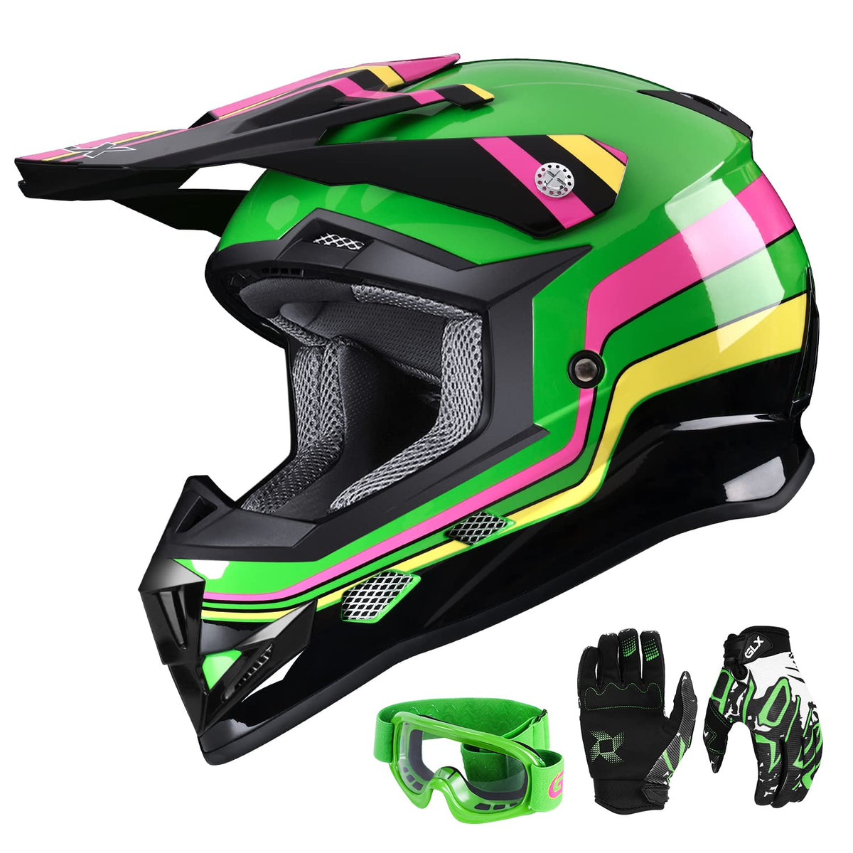 Glx Gx623 Youth Atv/Dirt Bike Helmet Combo - Retro Green, Medium - Dot