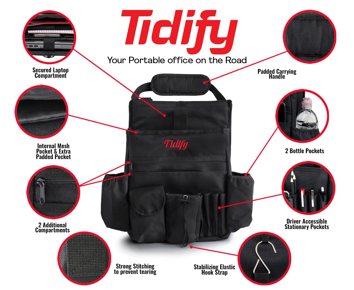 Back Seat Car Organizer with Dedicated Tablet and Laptop Storage Stabilizing Side Straps Soft Adjustable Shoulder Strap and Hard