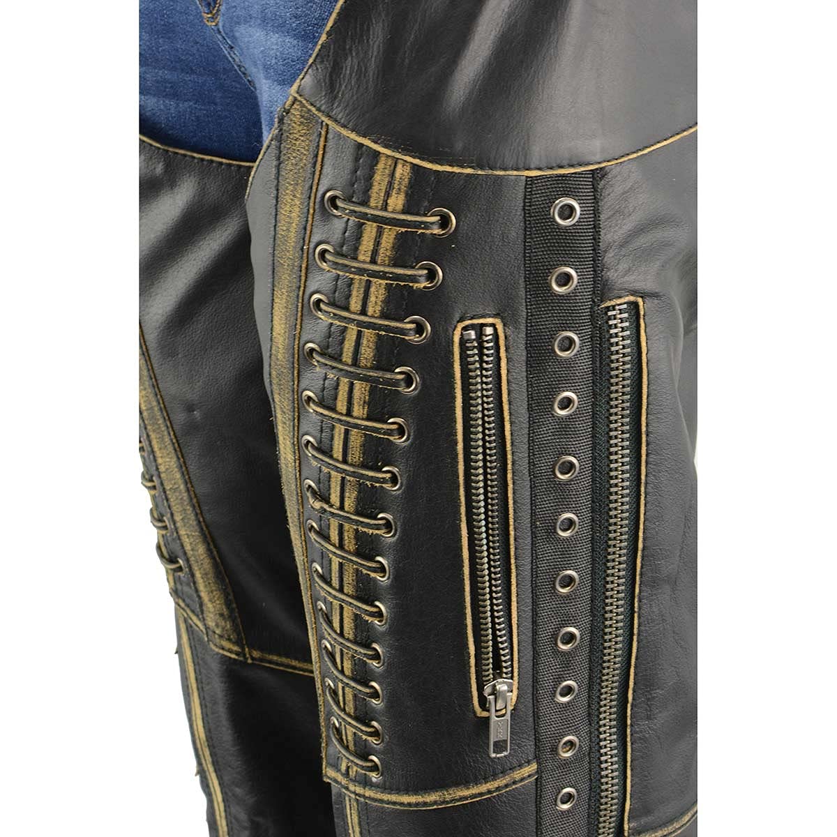 Milwaukee Leather Chaps for Women Black Premium Skin Rubbed Seams- Accented Lace Detailing Motorcycle Chap- MLL6527-5X-Large