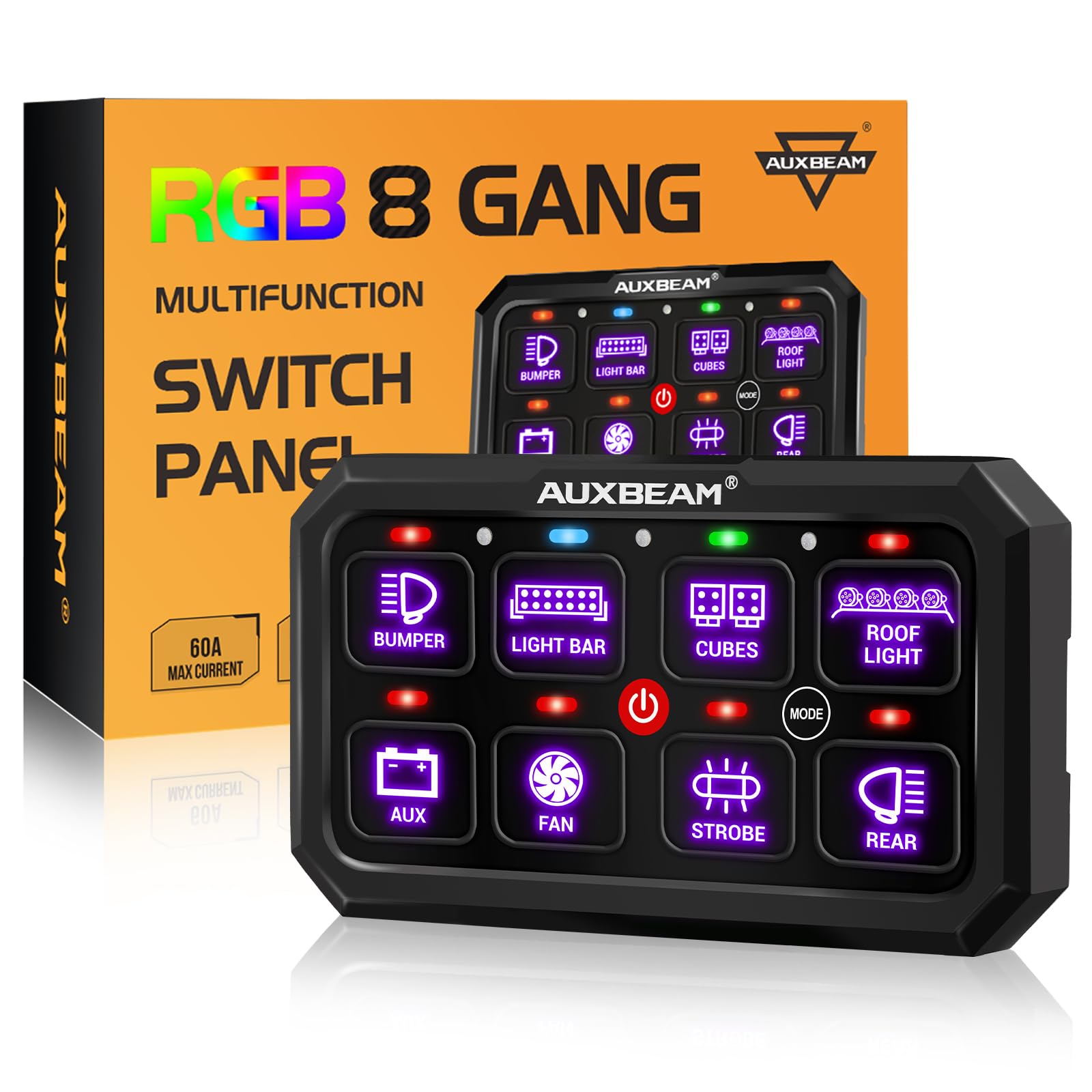 Auxbeam Rgb 8 Gang Switch Panel 5.3 Inch Rb80 Xl With Off Backlight Toggle Momentary Pulsed Switch Pod For Truck Atv Offroad Marine Multifunction Waterproof Circuit Relay System Box, 2 Years Warranty
