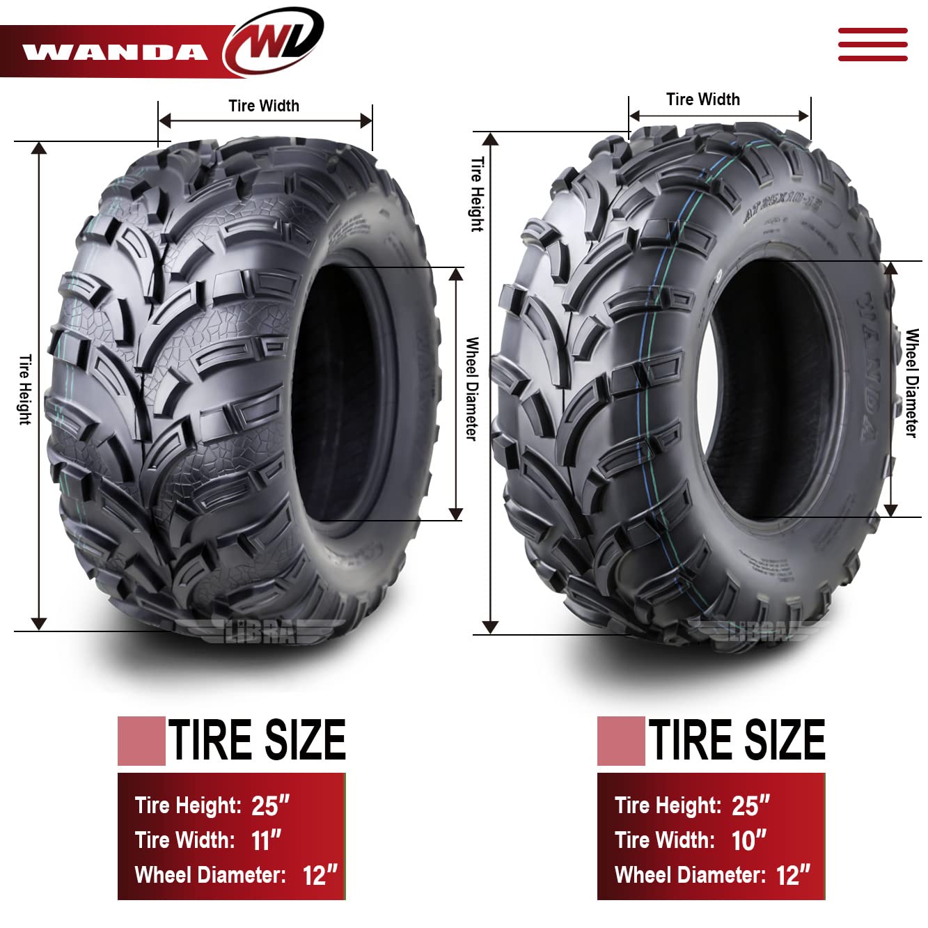 Wanda Set Of 6 Atv Utv Tires (2) 25X10-12 & (4) 25X11-12 High Load Capacity Mud 6X6