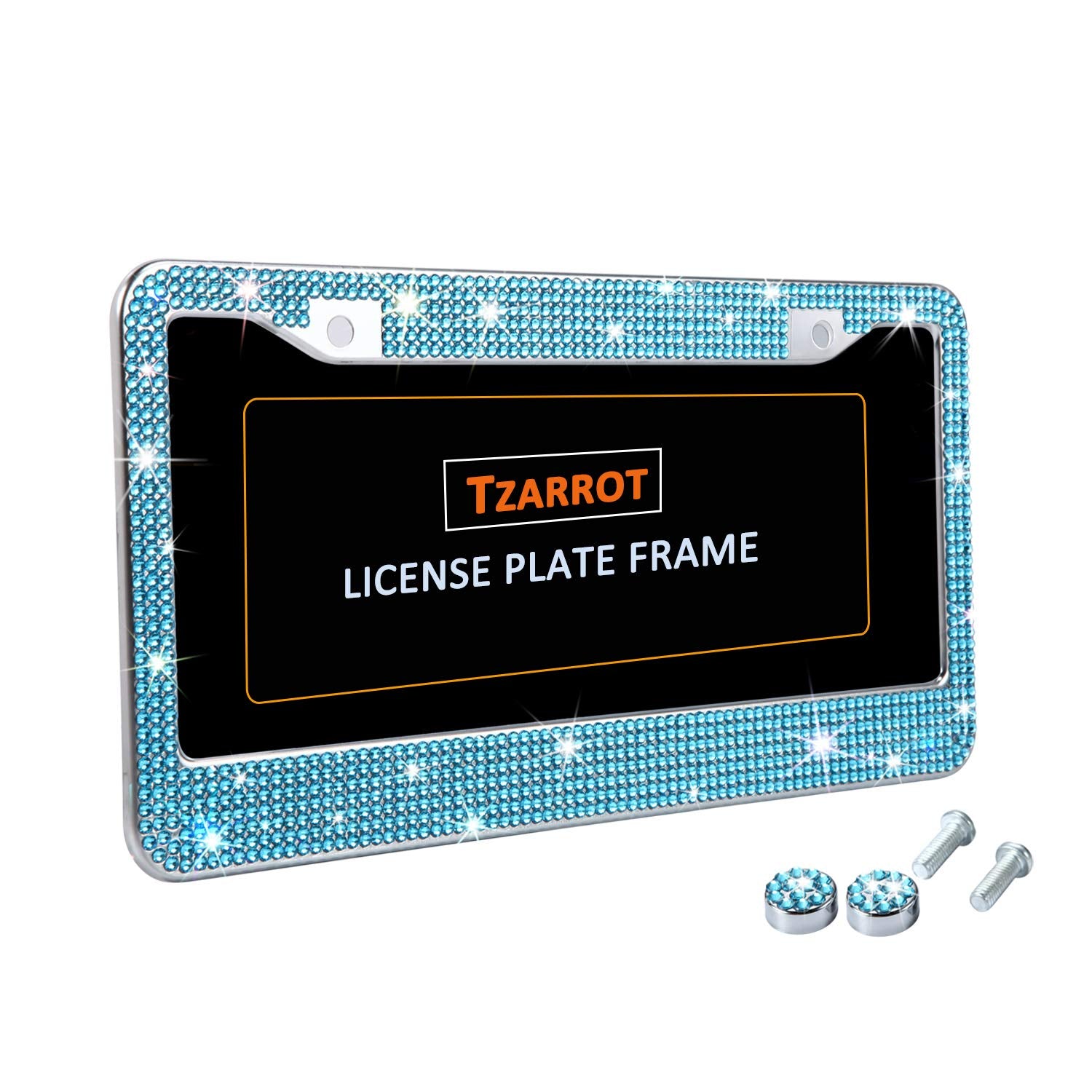 Tzarrot Blue Rhinestone Bling License Plate Frames For Women, Metal Rust-Proof License Plate Cover Bling Car Accessories For Wom