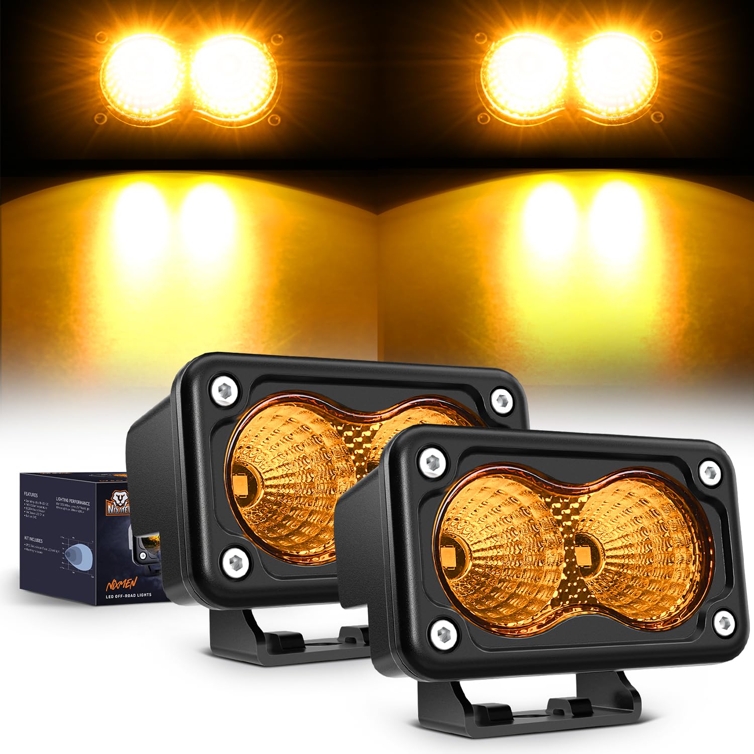 Nilight Amber Motorcycle Light Pods 2 PCS 3 Inch 1070LM Flood Offroad Driving Auxiliary Fog Lights Built-in EMC for Motorbike SU
