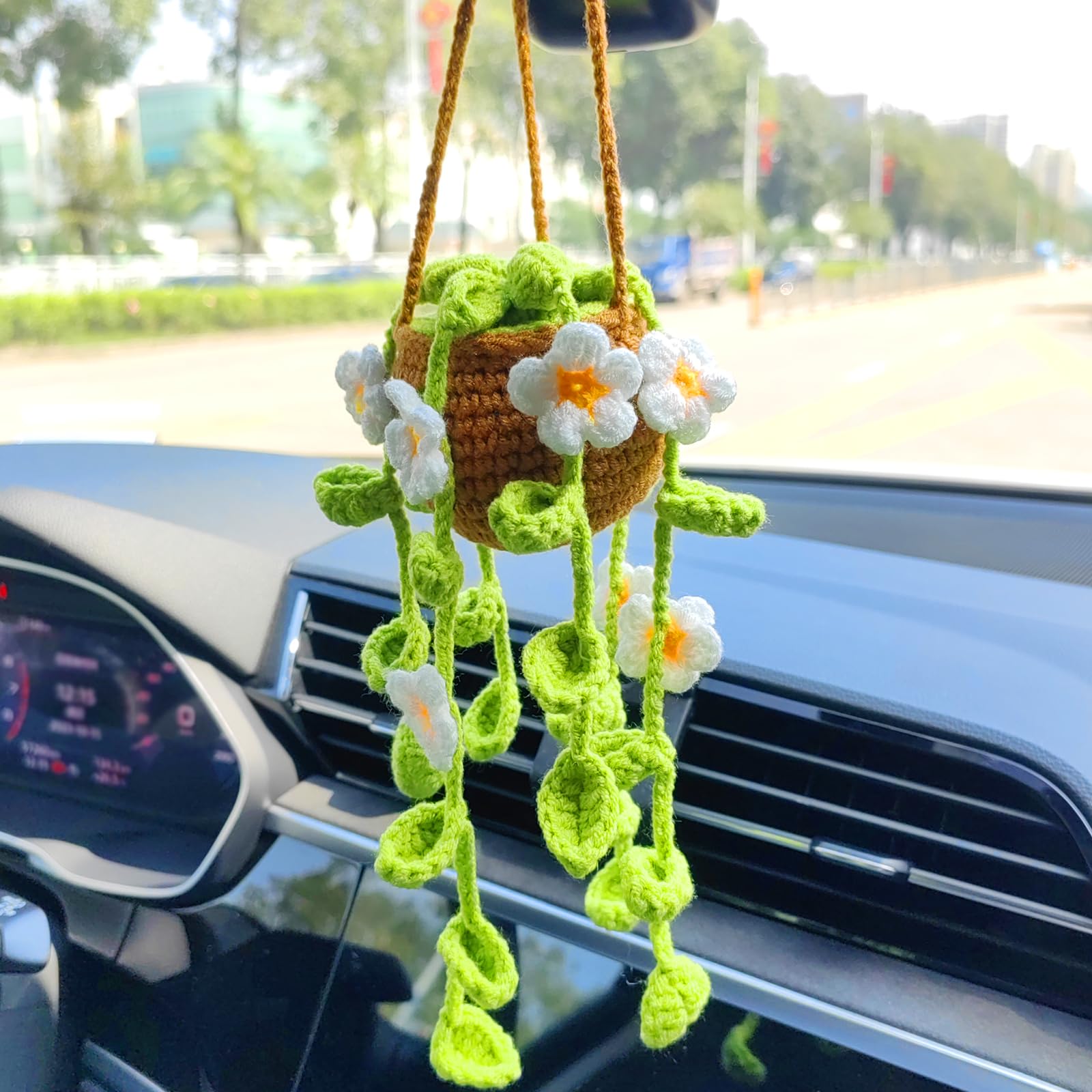 Motaney Potted Plants Crochet Rear View Mirror Accessories, Hand Crocheted (Glue Free) Safe Car Hanging Ornament, Car Mirror Han
