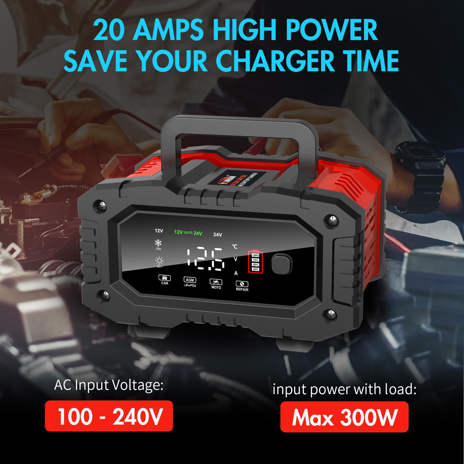 Yonhan Battery Charger 0-20A 12V/24V Lifepo4 Lead Acid Fully Automatic Battery Maintainer, Car Battery Trickle Charger Automotiv