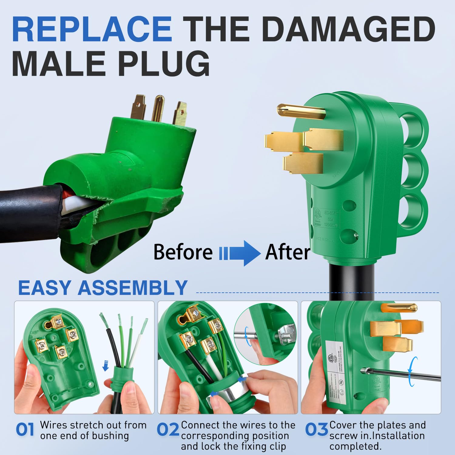 Nilight 50 Amp Rv Male And Female Plug Set Heavy Duty14-50P 14-50R Receptable 125V/250V Volt Etl Listed For Electrical Camper Ca