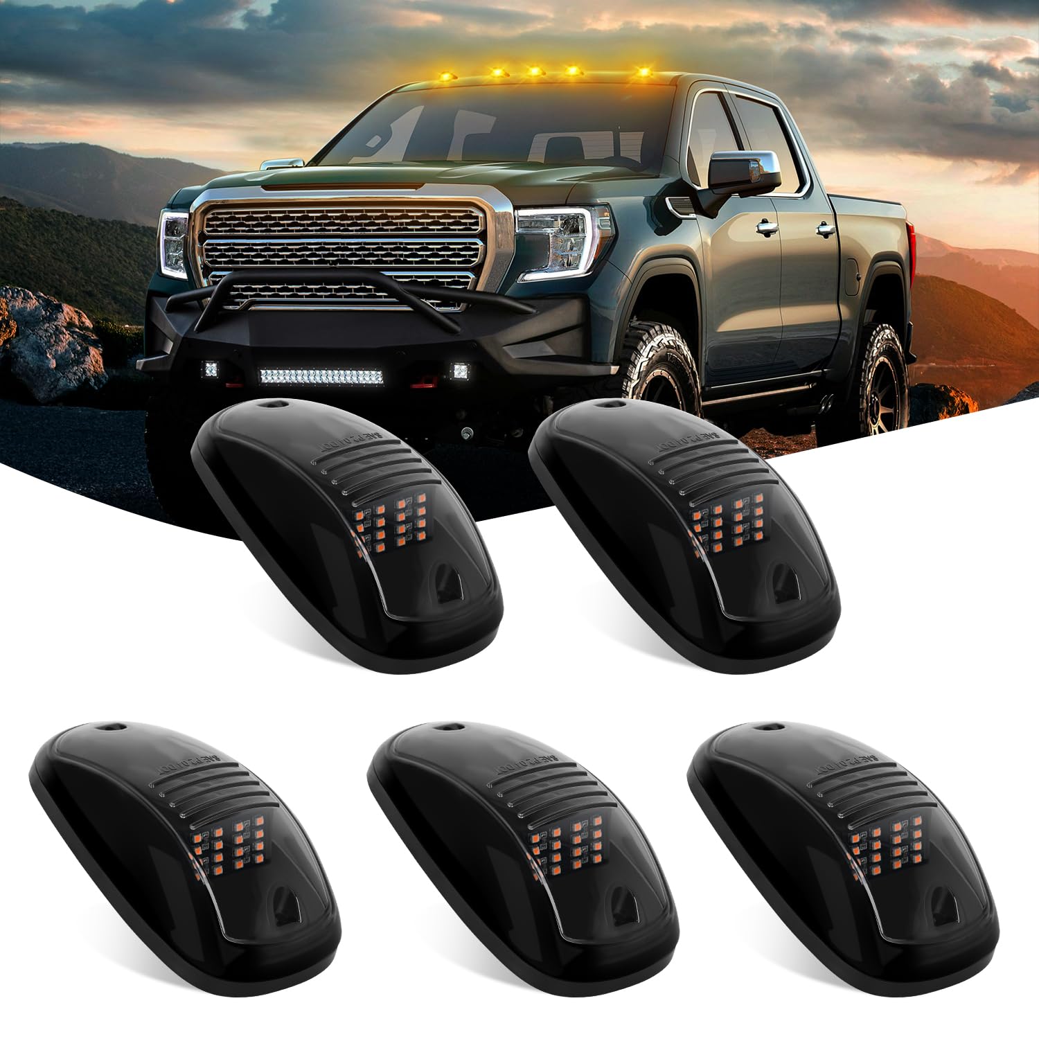 Nilight Cab Roof Marker Light 5 Pcs 16 Led Smoked Lens Amber Top Clearance Lights Kit Waterproof Surface Mount For Ford Dodge Ra