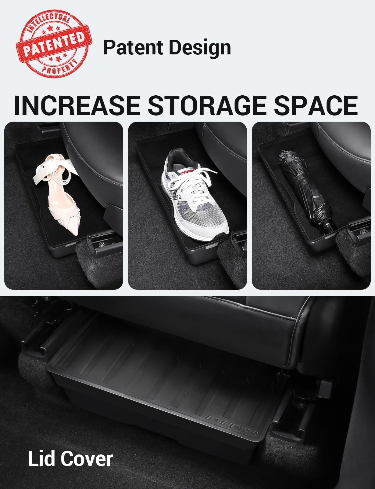 Basenor Upagreted Tesla Model Y Under Seat Storage Box, Waterproof Hidden Organizer Tray Underseat Bins With Lid Cover Storage A