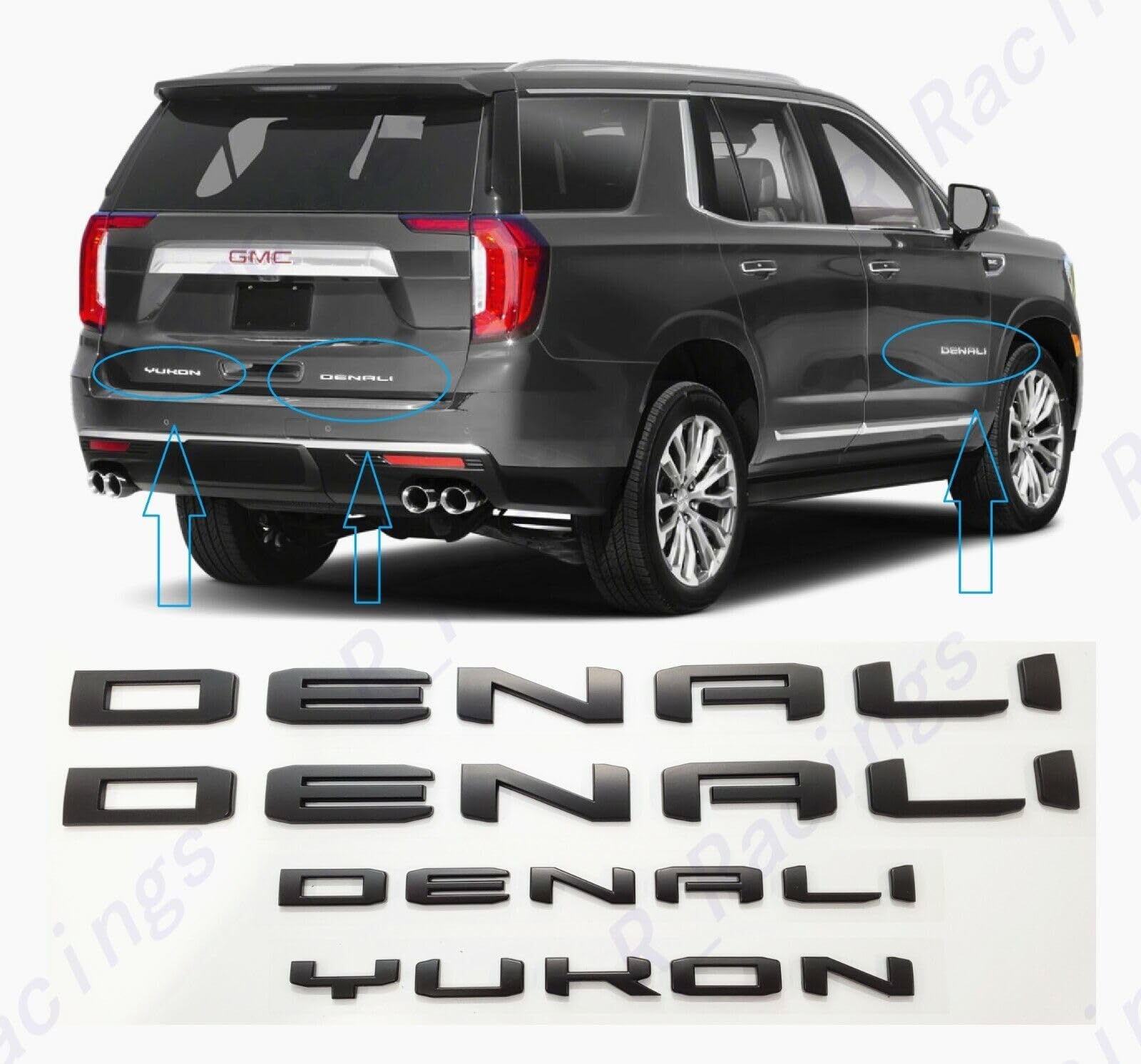 4Pc Set Denali Yukon Emblems Fender Door Rear Tailgate Letters Nameplate 3D Badge Replacement for 2021-2023 Yukon Yukon XL (Matt