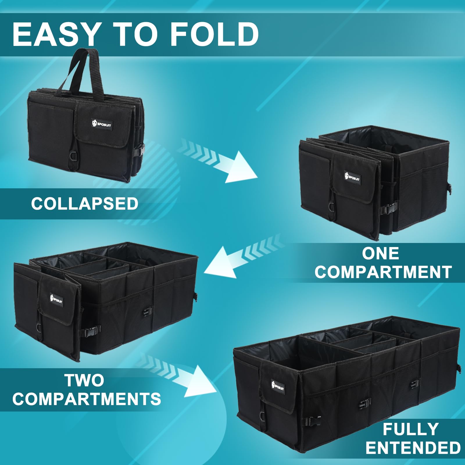 Sposuit Extra Large Trunk Organizer Collapsible Car Storage Trunk Organizer With Removable Dividers & Adjustable Securing Straps