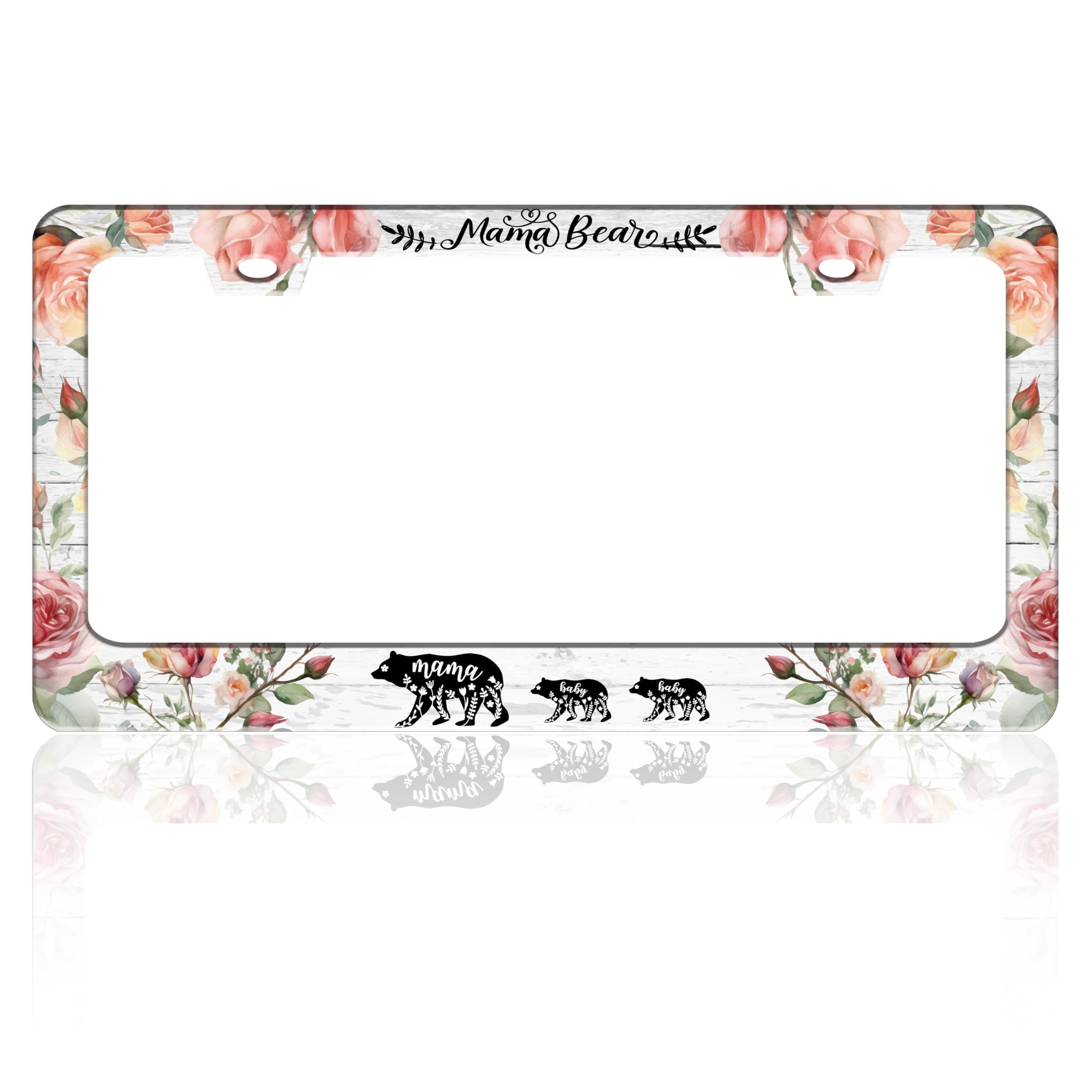 Mama Bear License Plate Frame Beautiful Flowers for Front or Rear Car Tags Stainless Steel License Plate Holder Funny Car Decora