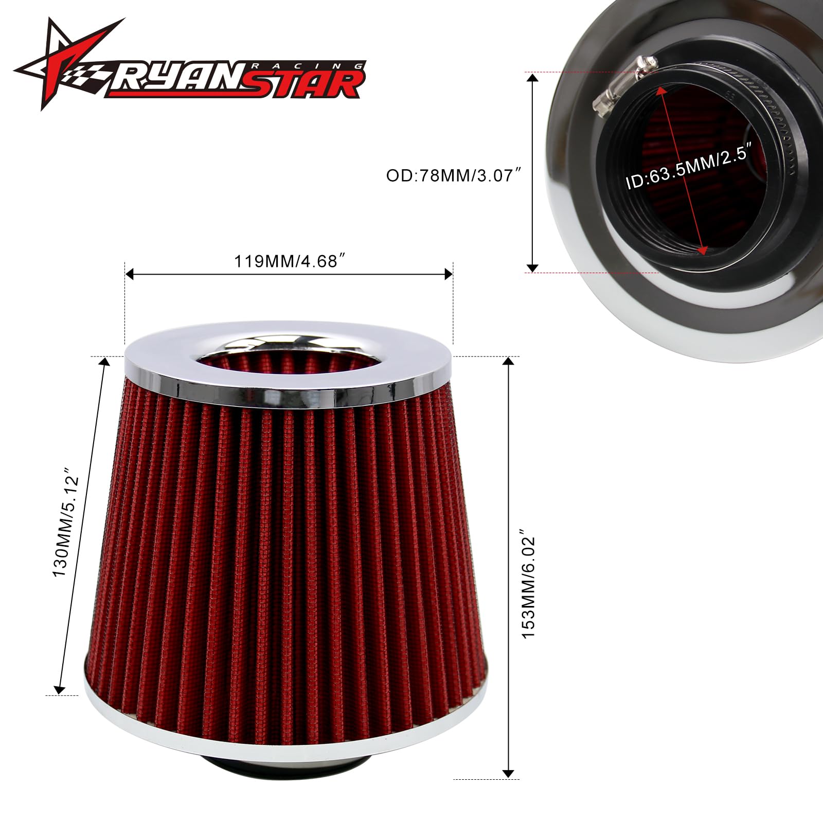RYANSTAR RACING 63mm 2.5'' High Flow Round Tapered Cone Cool Air Filter Cleaner with Top Filter Design Short 153mm Tall