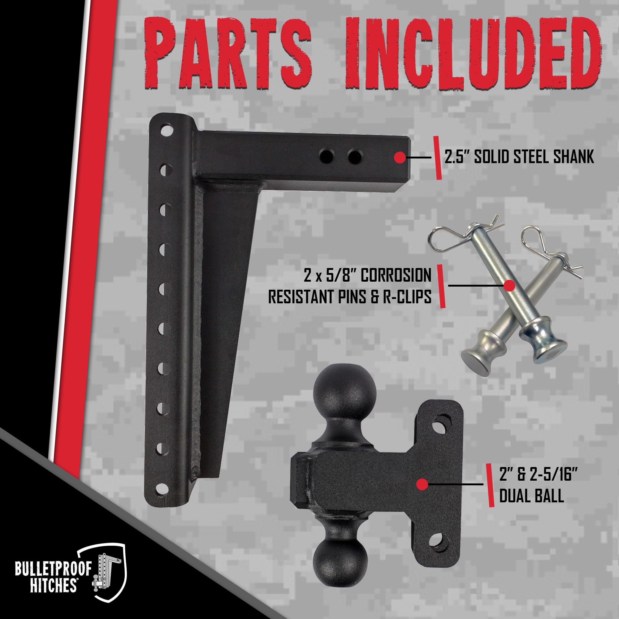 Bulletproof Hitches - 2.5'' Adjustable Heavy Duty Trailer Hitch (22,000 Lb. Rating) - 14'' Drop/Rise Trailer Hitch With 2'' & 2-