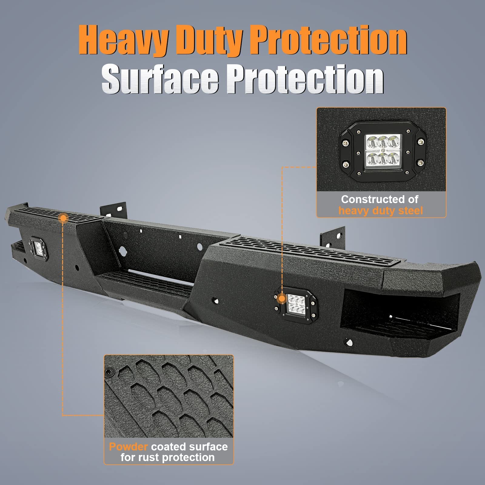 Kuafu Offroad Rear Bumper Compatible With 1999-2016 Ford F250 F350 Super Duty W/2 18W Led Lights Black Powder Coated Steel Heavy Duty