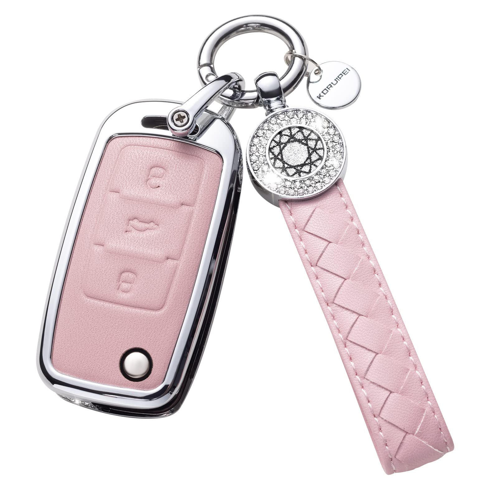 Ruabiban Compatible With Vw Volkswagen Key Fob Cover With Keychain, Pink Genuine Leather Crystal Key Case Protection Shell Fit F