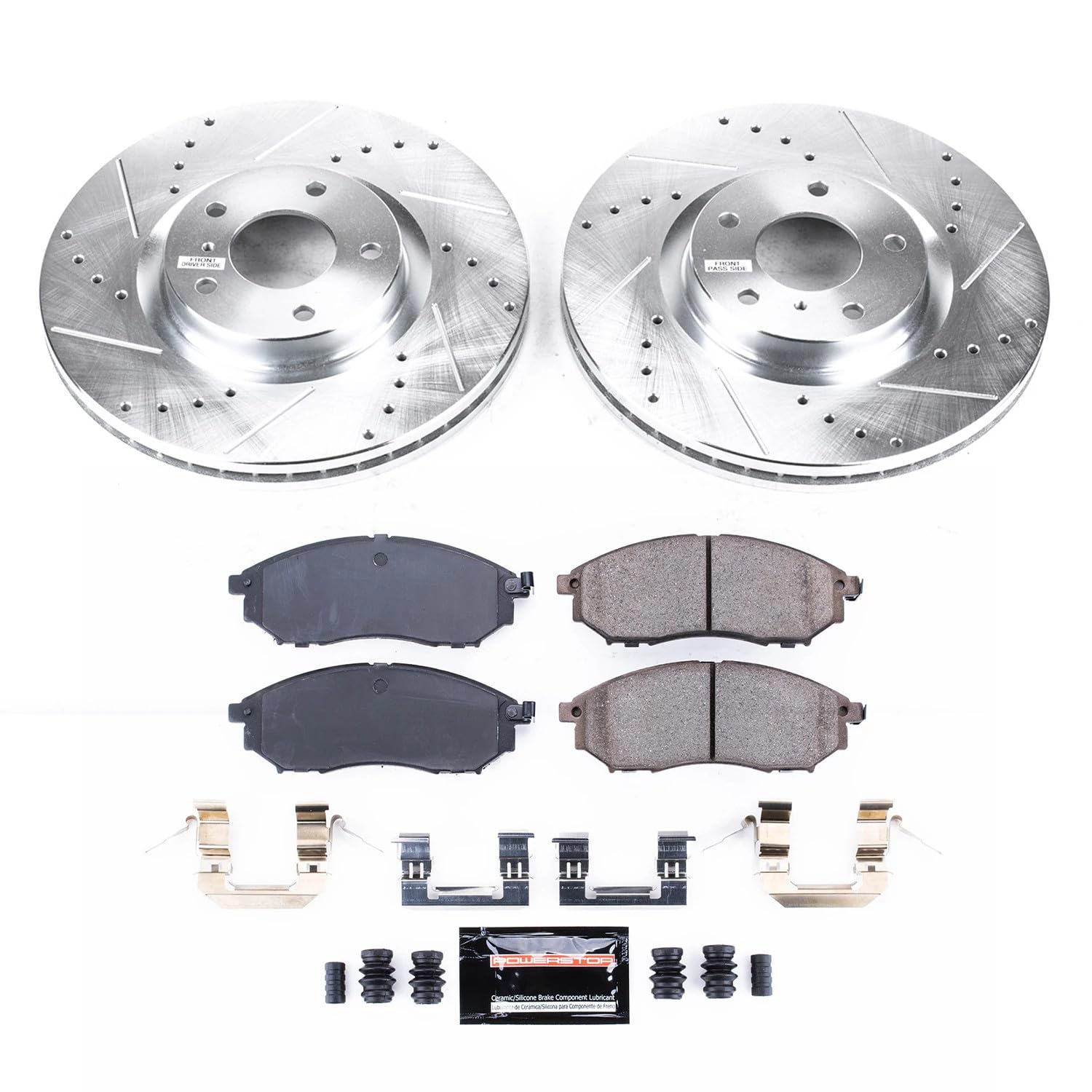 Power Stop K112 Front Z23 Brake Pads with Drilled Slotted Brake Rotors Kit For EX35, G25, G35, G37, M35, M35h, M37, M45, M56, IN