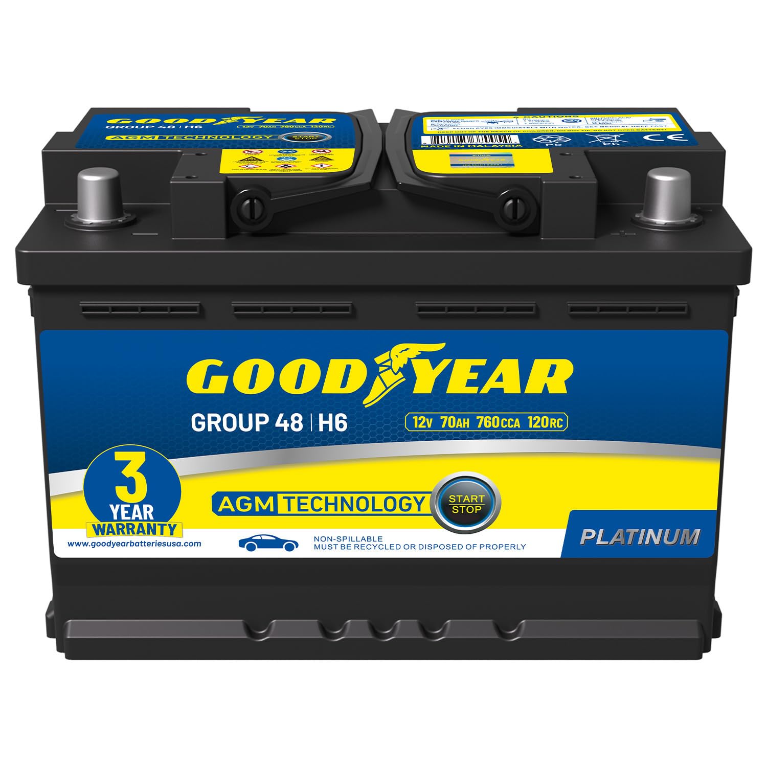 Goodyear 48-H6-AGM BCI Group Size 48 12V 70 AH, 120RC, 760 CCA Platinum series Rechargeable AGM Maintenance Free Automotive Batt