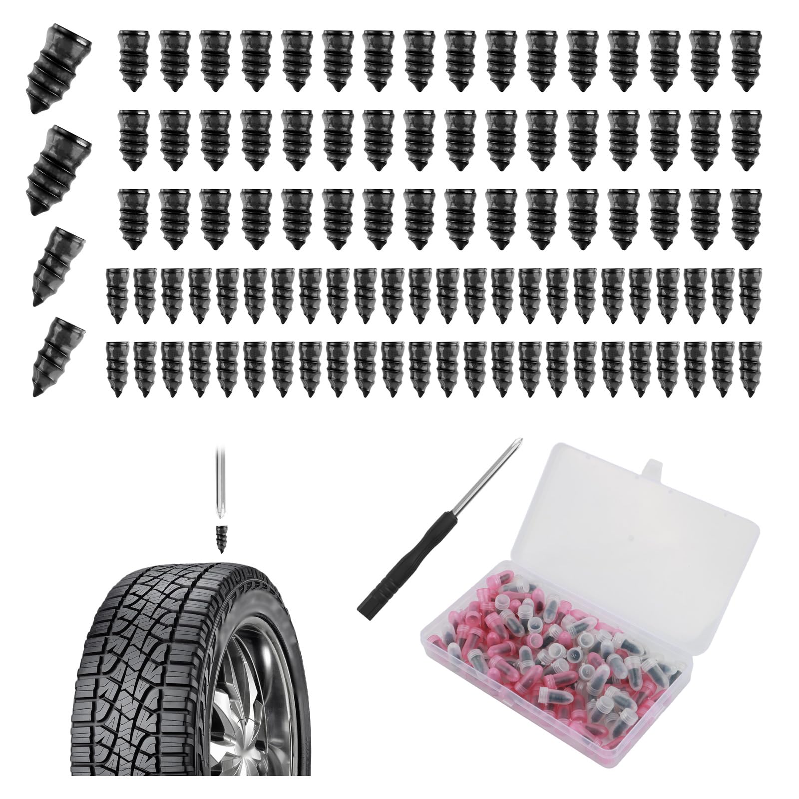 Purthog 100PCS Car Tire Plugs Kit,Self-Service Flat Tire Repair Kit Includes Large & Small Tires Repair Screws,Screwdriver,Unive