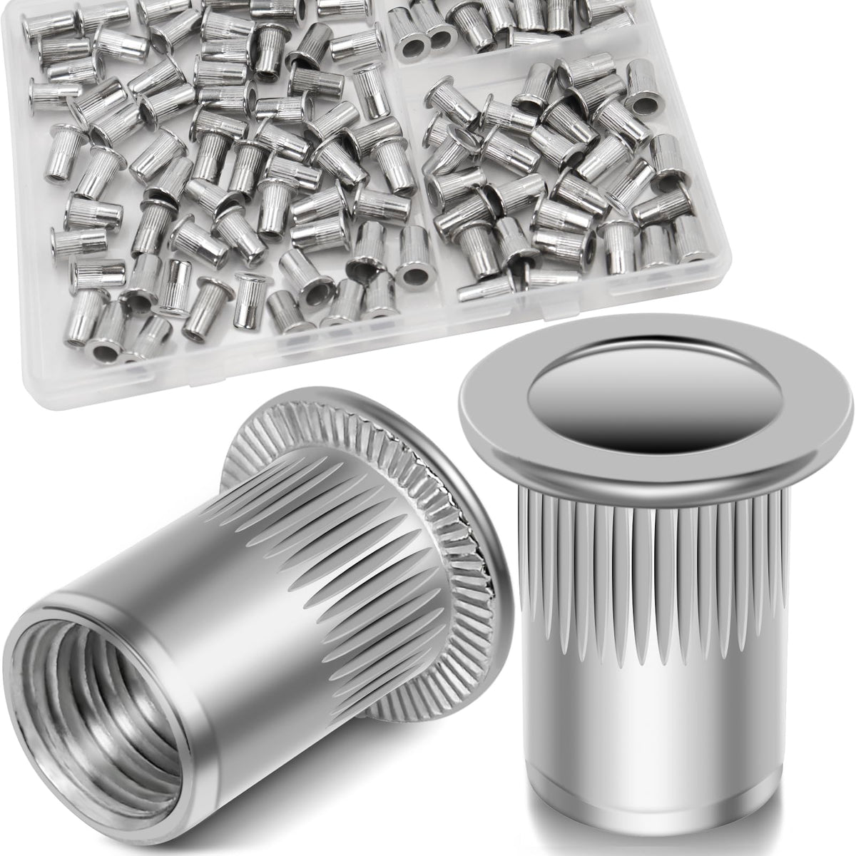 Vifmy 8-32 Unc Rivet Nut, 100Pcs 304 Stainless Steel Flat Head Rivnut Threaded Insert Nutsert