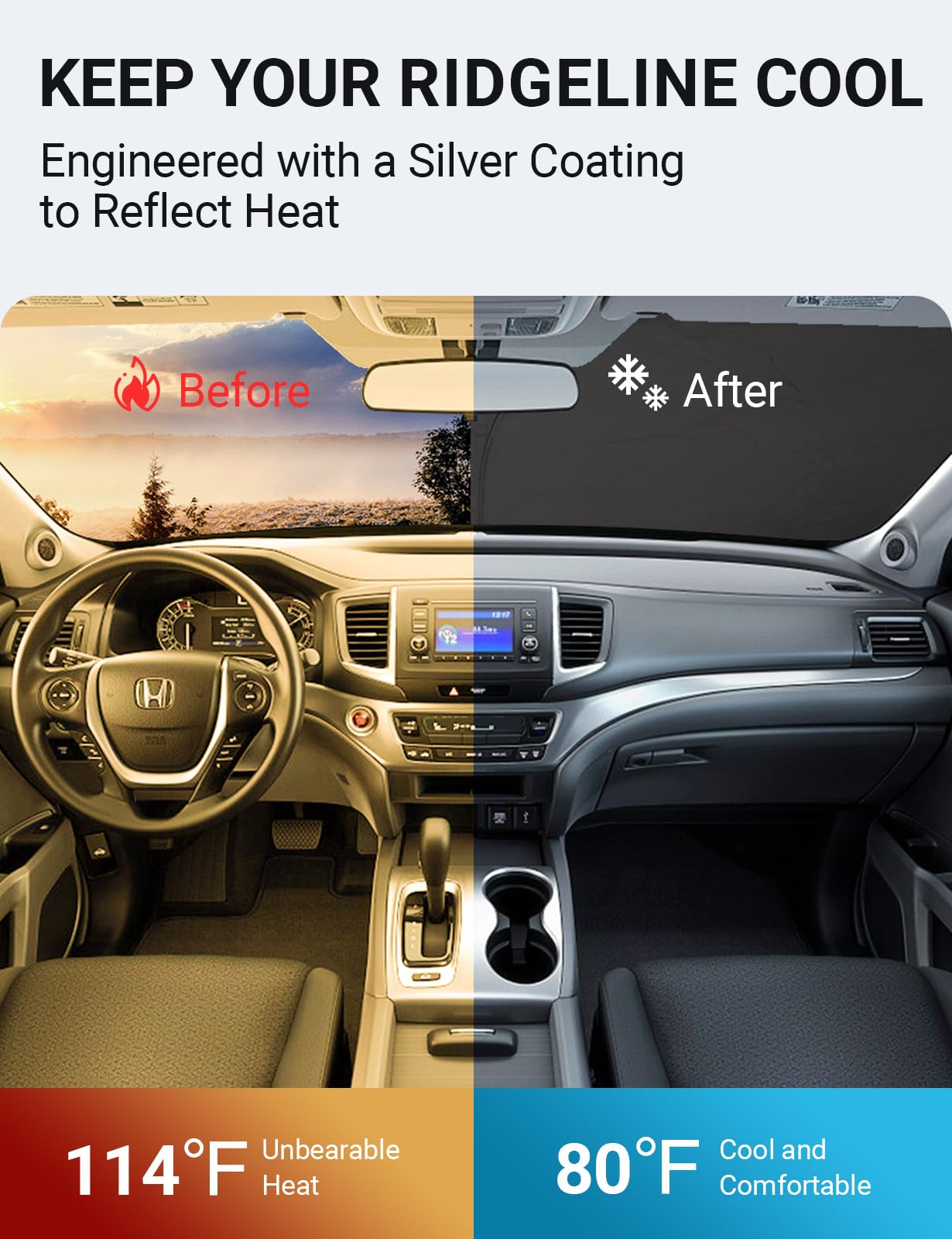 Proadsy 2025 Upgrade Windshield Sun Shade Custom Fit Honda Ridgeline 2017-2024 2025 4-Layer Foldable Front Sunshade Protector Su