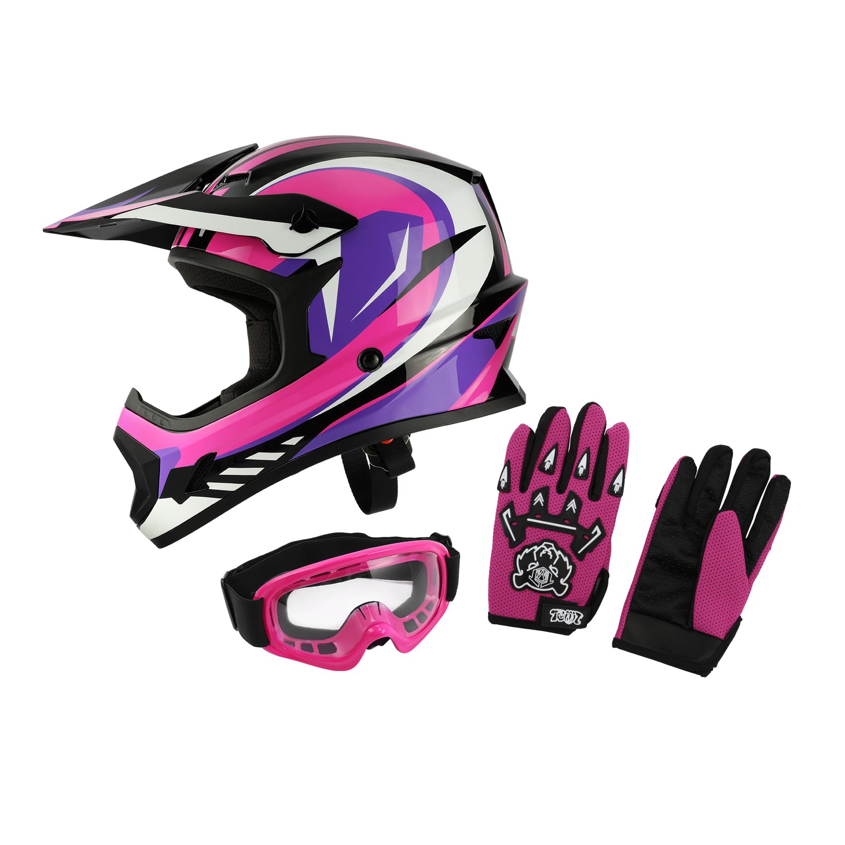 Xfmt Dot Youth Kids Motocross Offroad Street Dirt Bike Helmet Motorcycle Atv Full Face Helmet With Goggles Gloves, Rose Red Medi