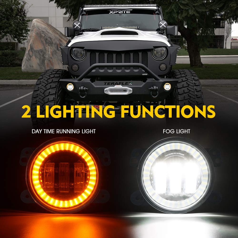 Xprite Fog Lights W/Amber Halo Ring Angle Eye Drl, 4 Inch Foglights Compatible With 07-18 Jeep Wrangler Jk, 60W Led Front Bumper