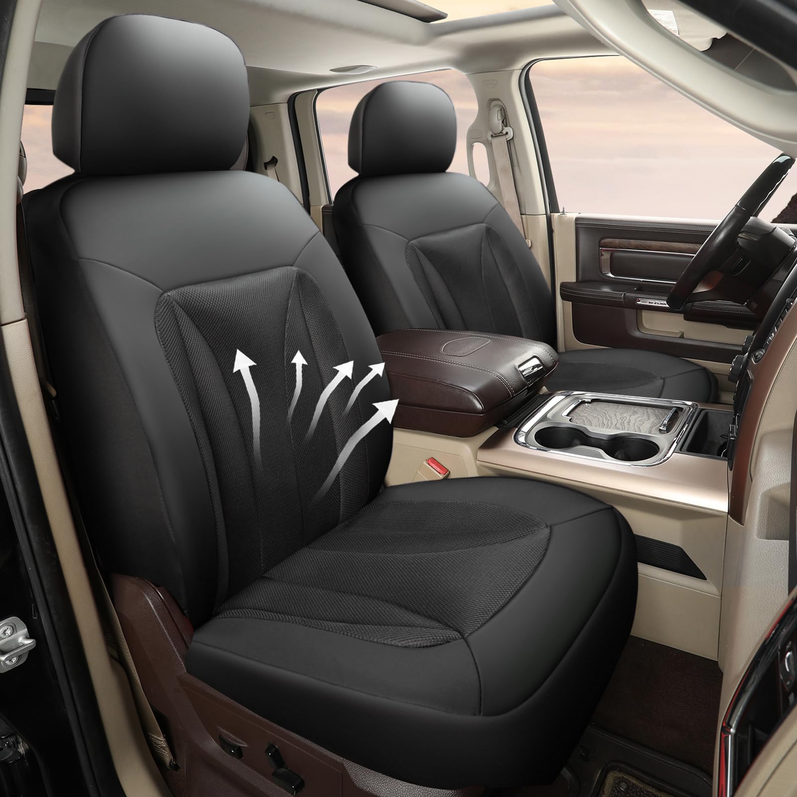 GIANT PANDA 2-Pack Front 3D Air Mesh Car Seat Covers Custom Fit Dodge Ram 1500 2500 3500 Trucks Seat Protectors with Composite S