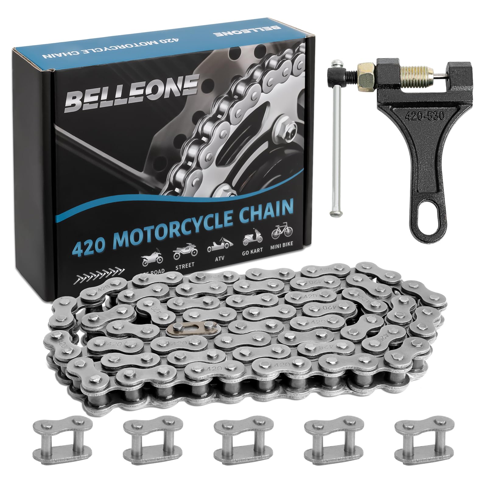 Belleone 420 Roller Dirt Bike Chain 90 Link With Chain Breaker, 420 Rear Drive Chain Fits For 196Cc Cole Man Bt200X Ct200U Ct200