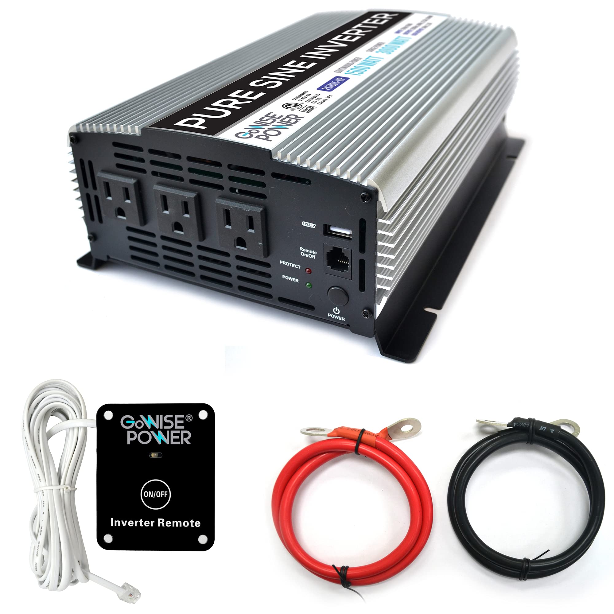 GoWISE Power 1500W Pure Sine Wave Power Inverter 12V DC to 120 V AC with 3 AC Outlets, 1 5V USB Port, 2 Battery Cables, and Remo
